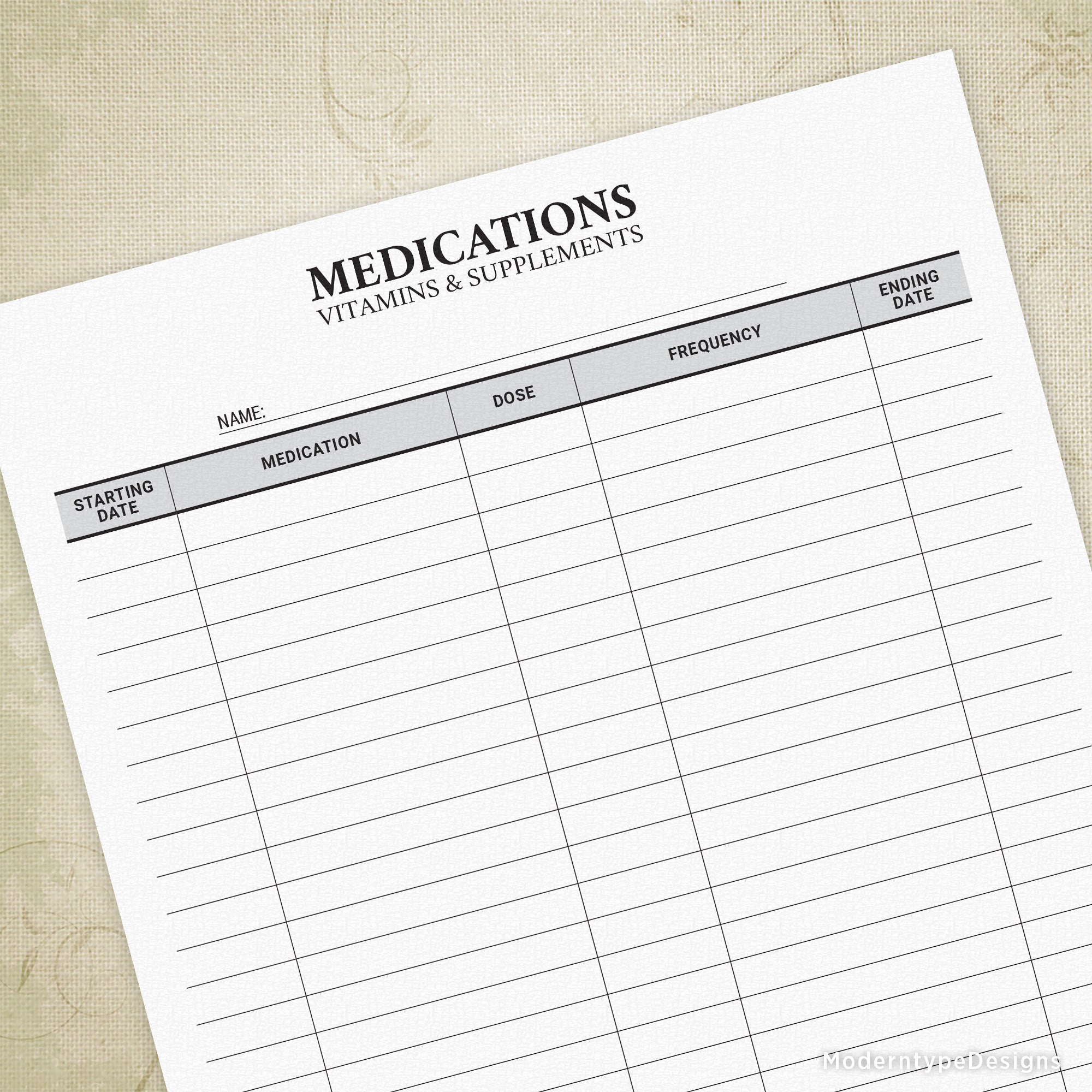 Medications, Vitamins & Supplements Log Printable