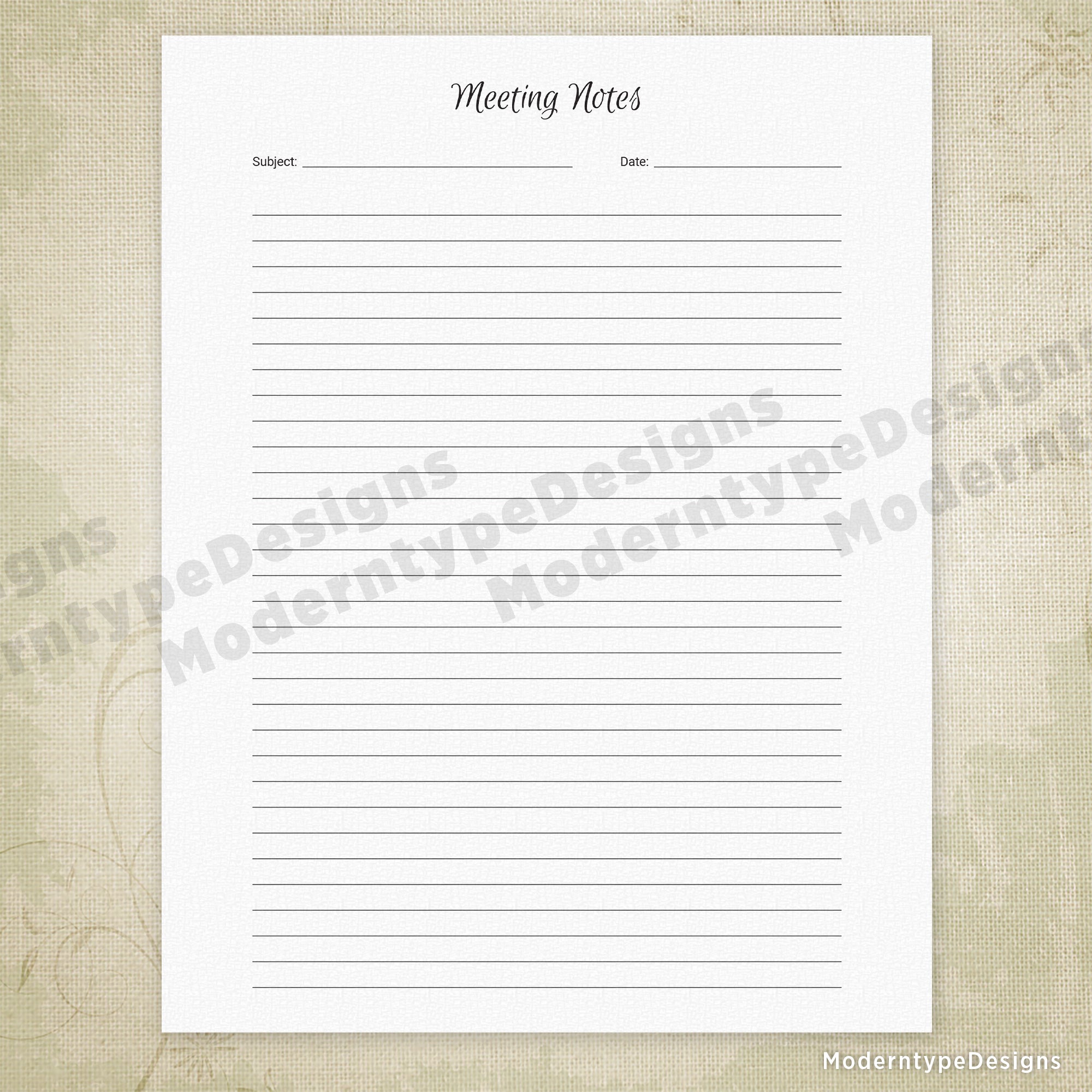 Meeting Notes Simple Planner Printable for Binding