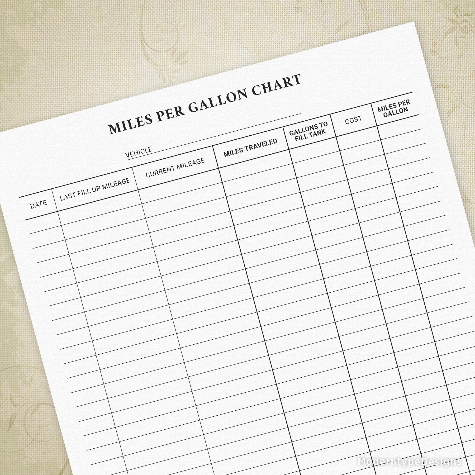 Miles Per Gallon Chart Printable Form