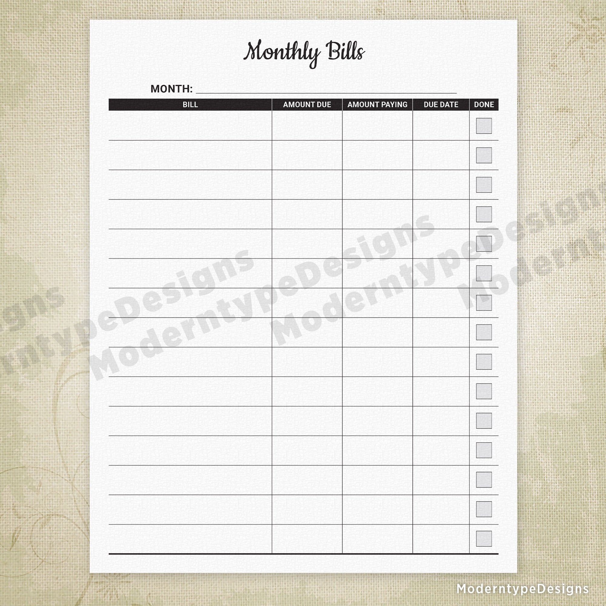 Monthly Bill Tracker Printable, #1