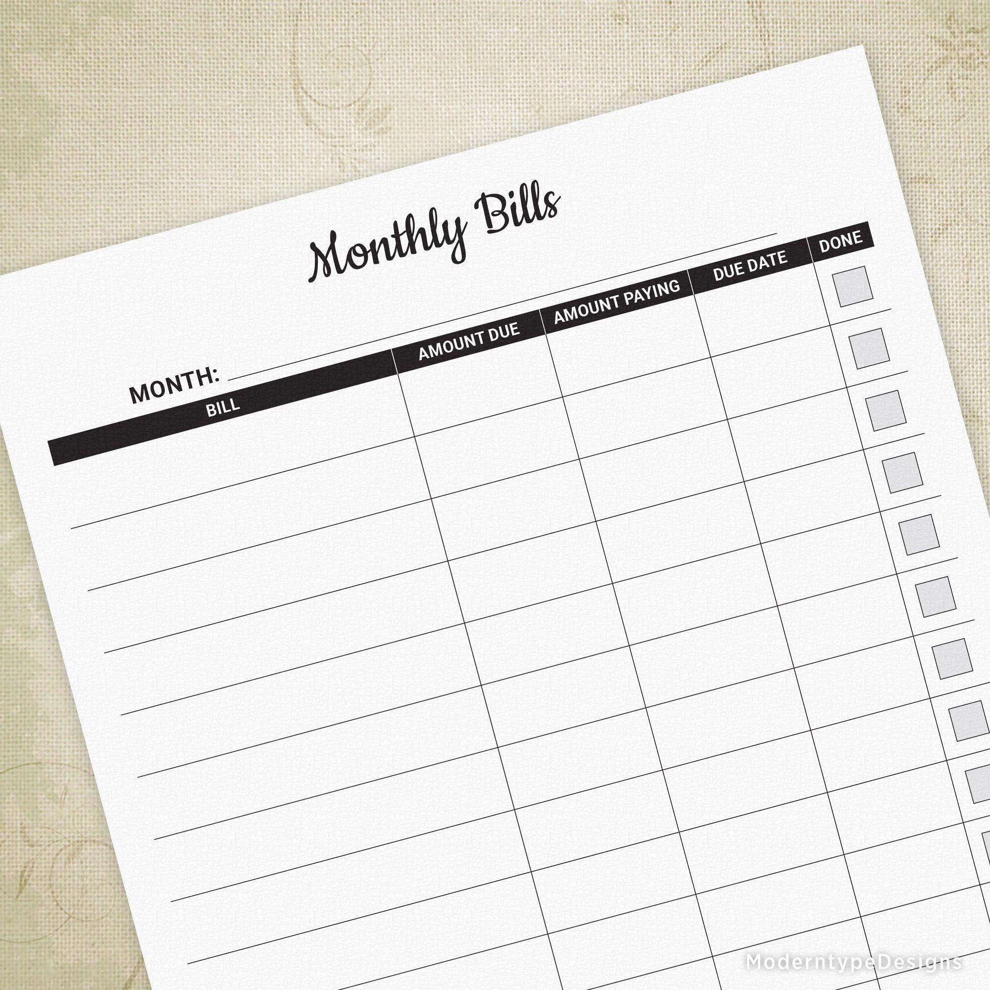 Monthly Bill Tracker Printable, #1