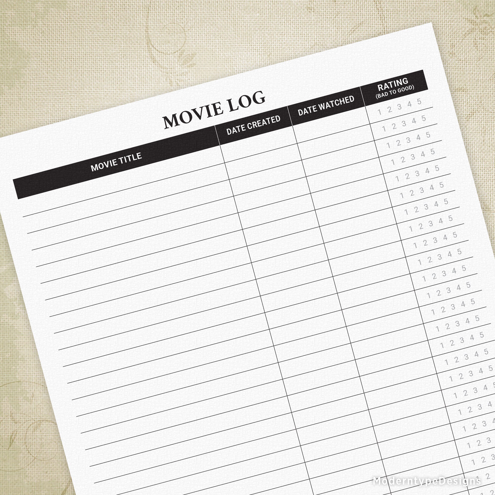 Movie Log with Rating Printable Form