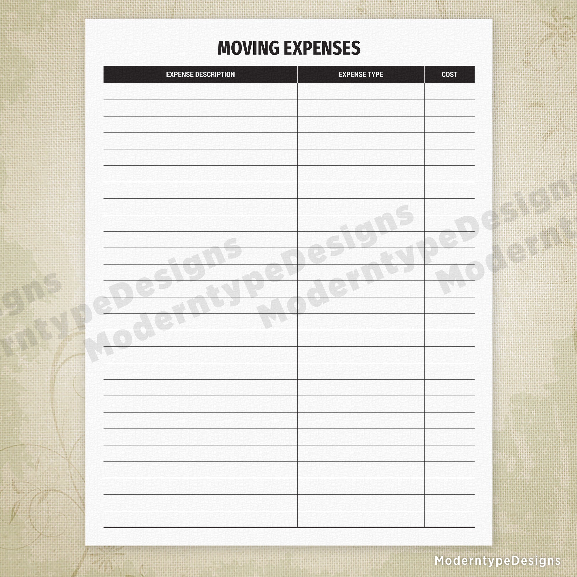 Moving Expenses Printable