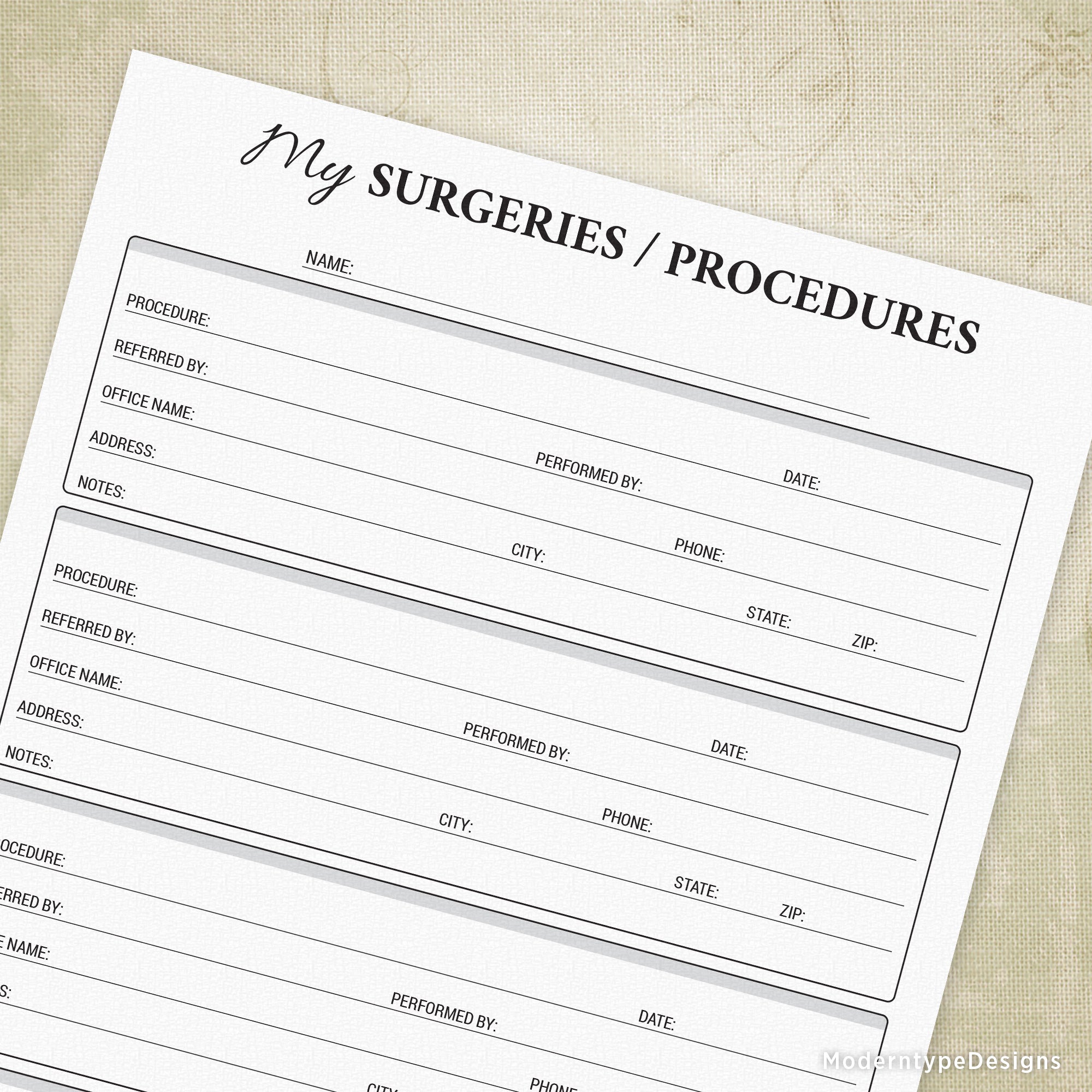 My Surgeries & Procedures Log Printable