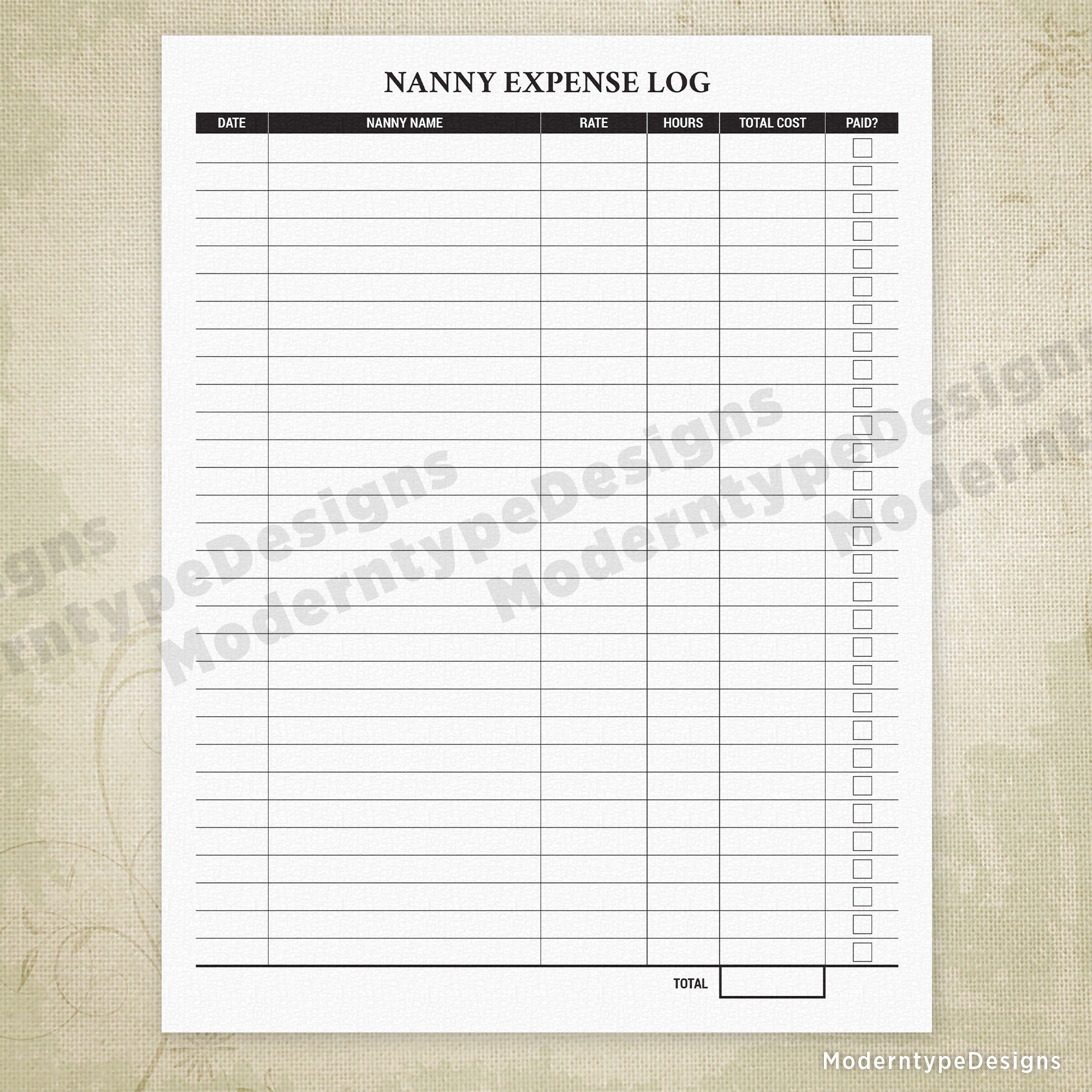 Nanny Expense Log for Parents Printable