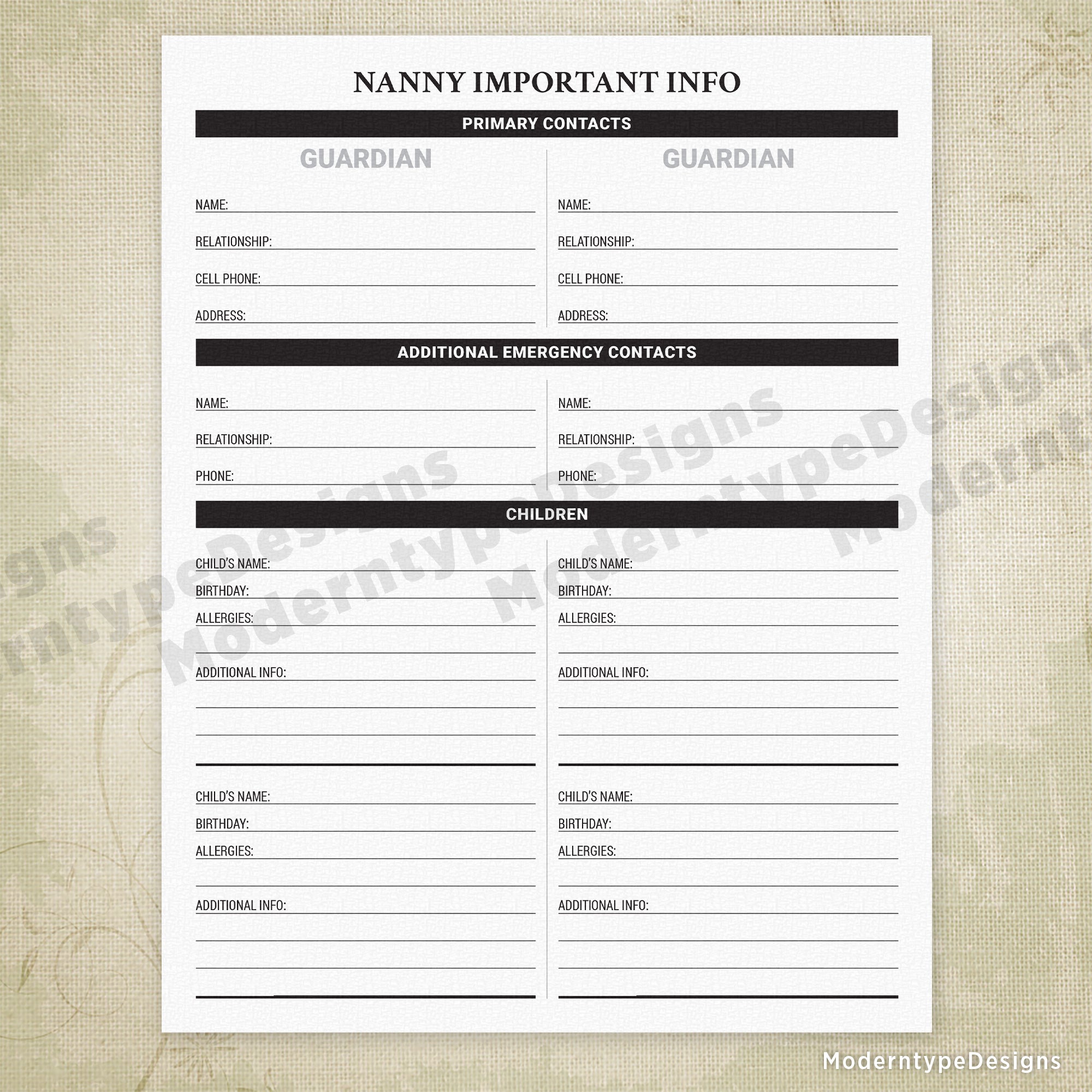 Nanny Important Info Printable