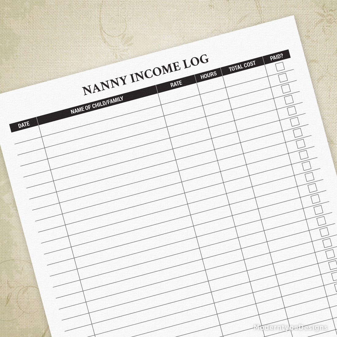 Nanny Income Log Printable
