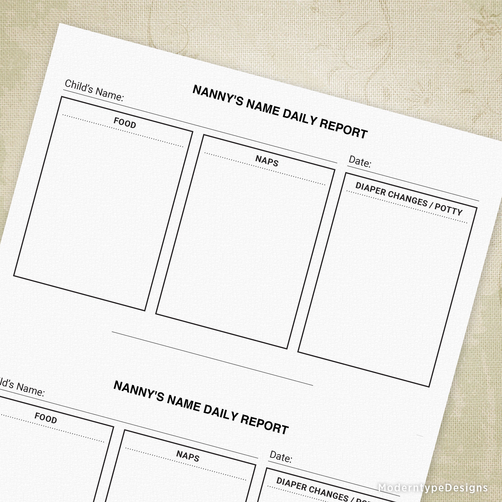 Nanny Daily Report Printable, 8.5 x 5.5, Half Sheet, Personalized