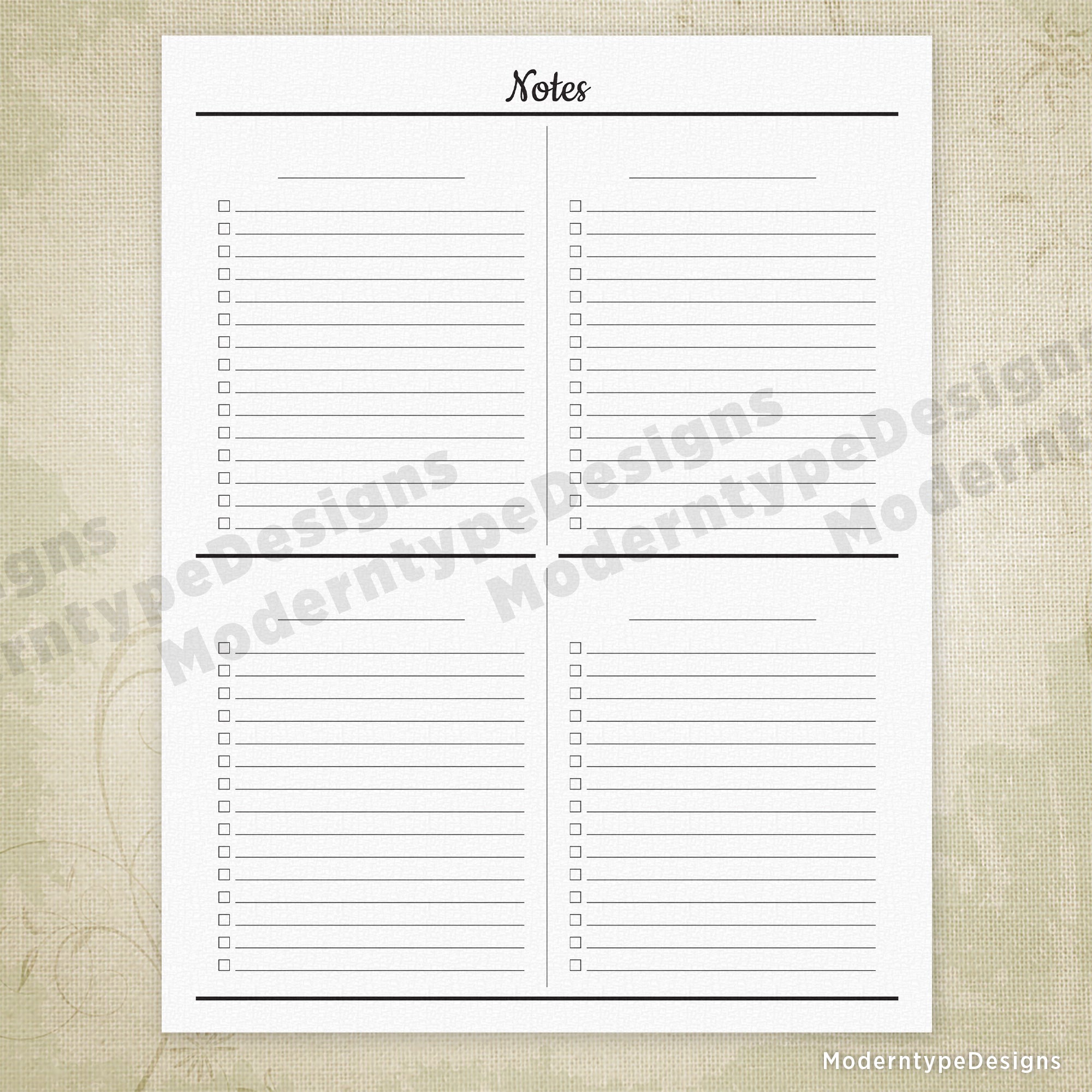 Notes Printable with 4 Sections