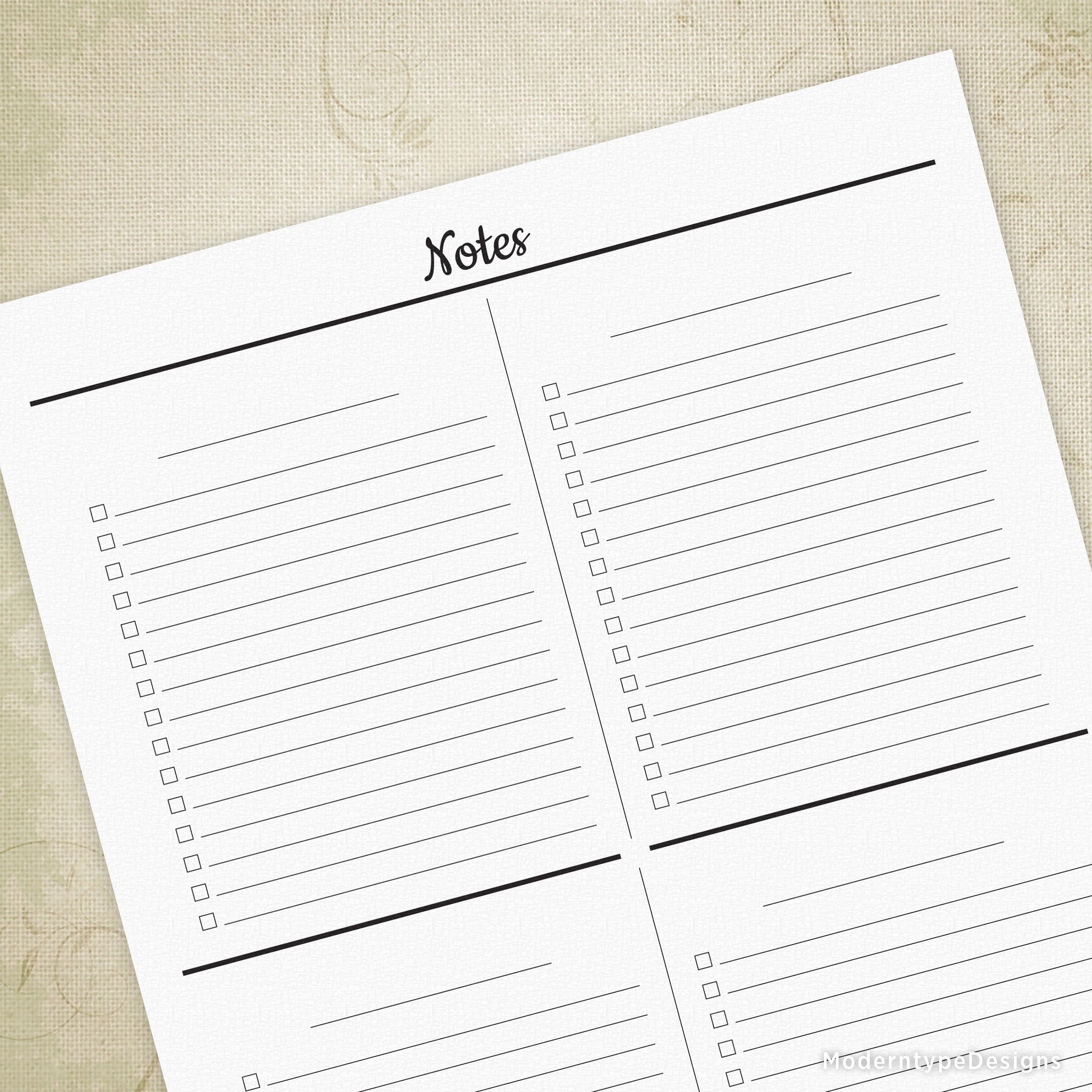 Notes Printable with 4 Sections