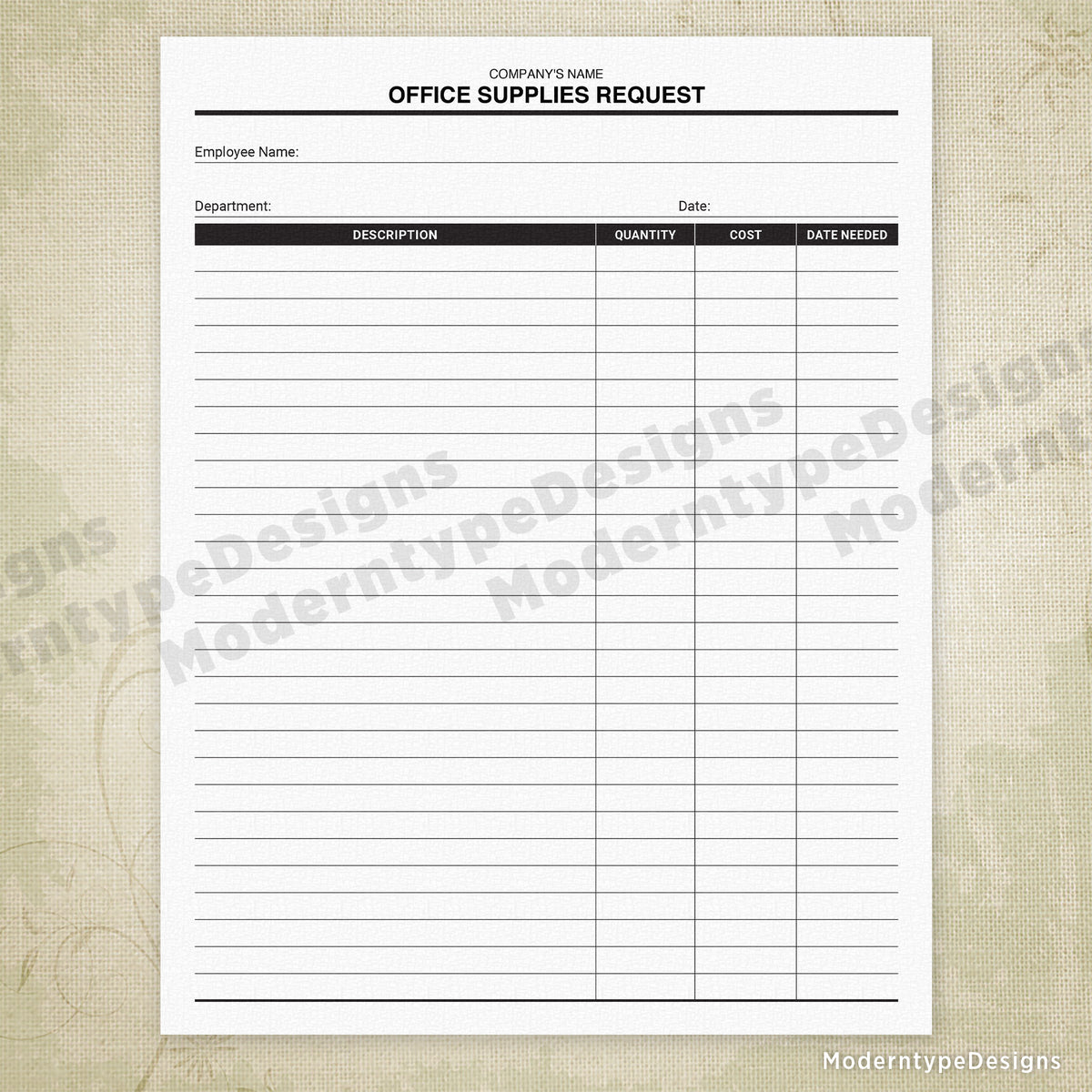 Office Supplies Request Printable Form, Personalized