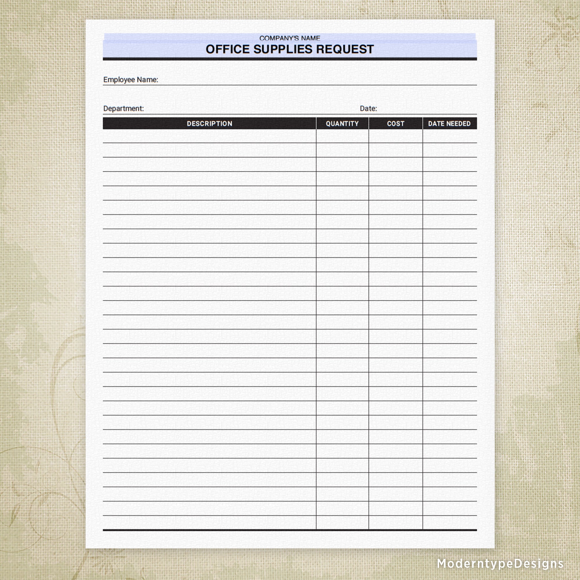 Office Supplies Request Printable Form, Personalized