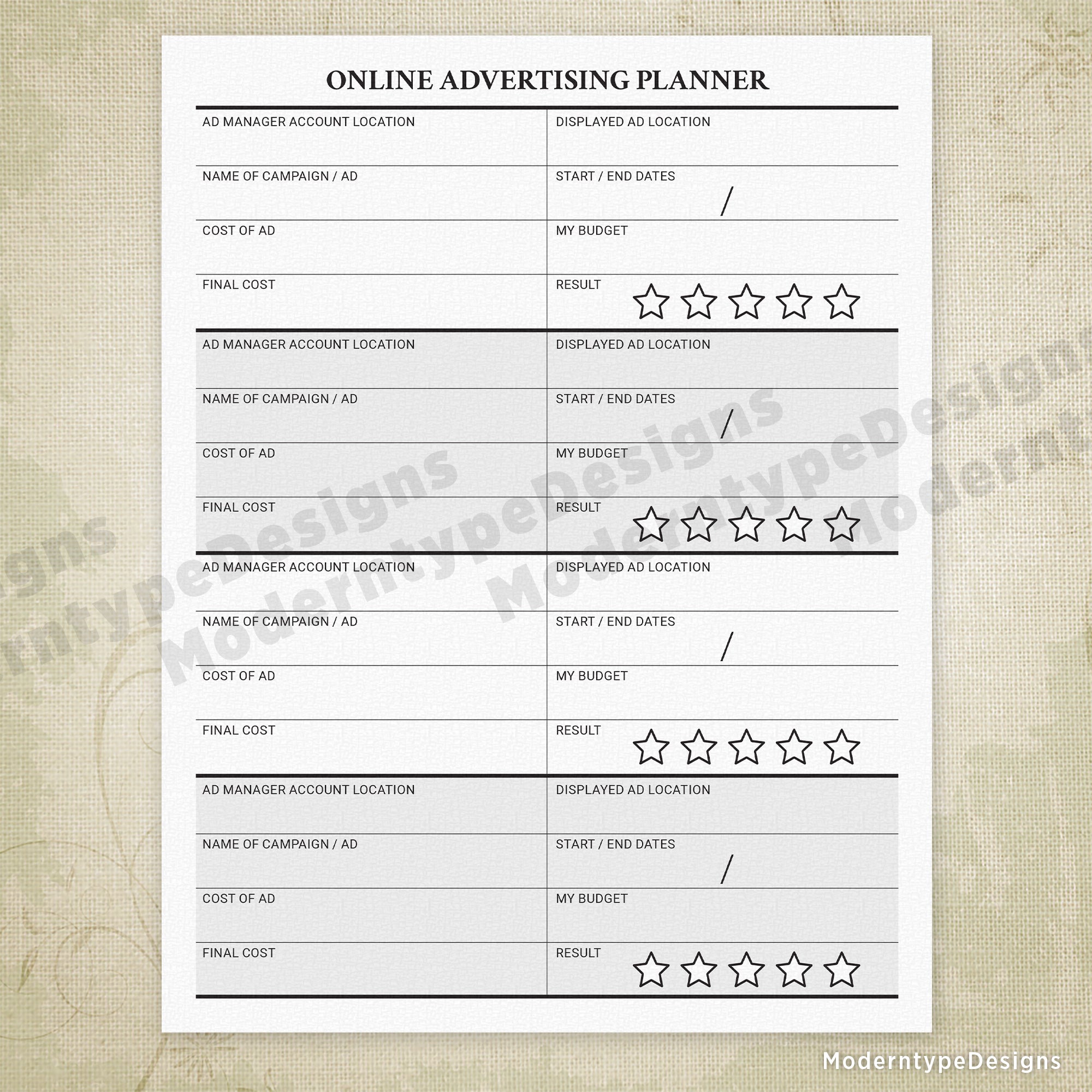 Online Advertising Planner Printable