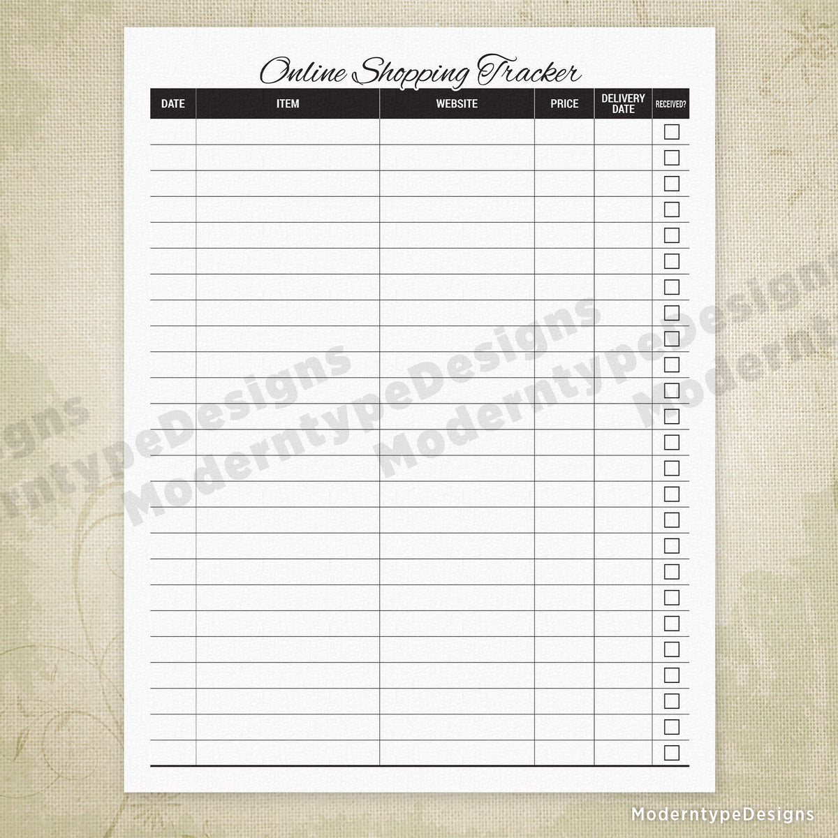 Online Shopping Tracker Printable