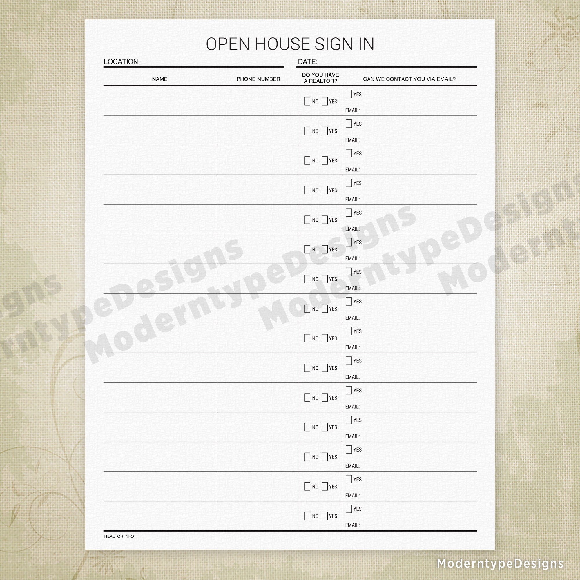 Realtor's Sign In Sheet Printable, Personalized
