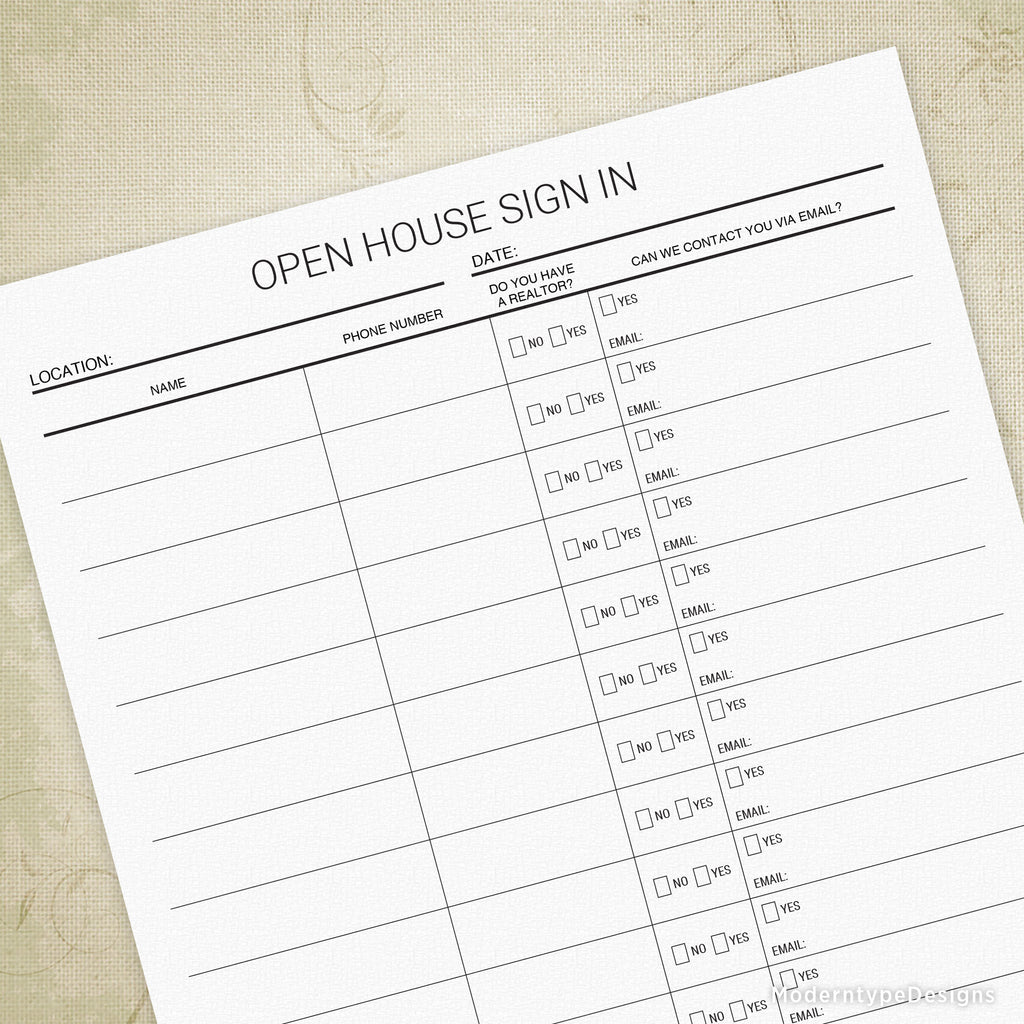 Realty Sign Form Real Estate Agent's Sign In Sheet Printable, Personalized
