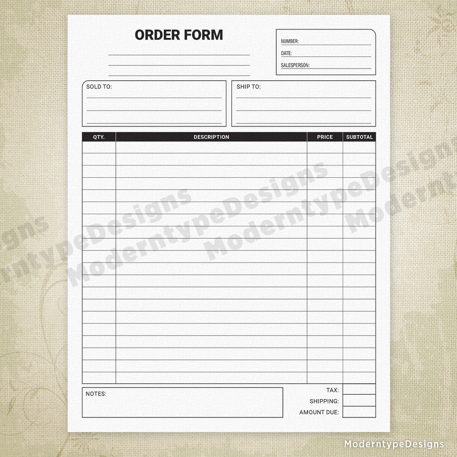 Extra Order Form Order Form Printable