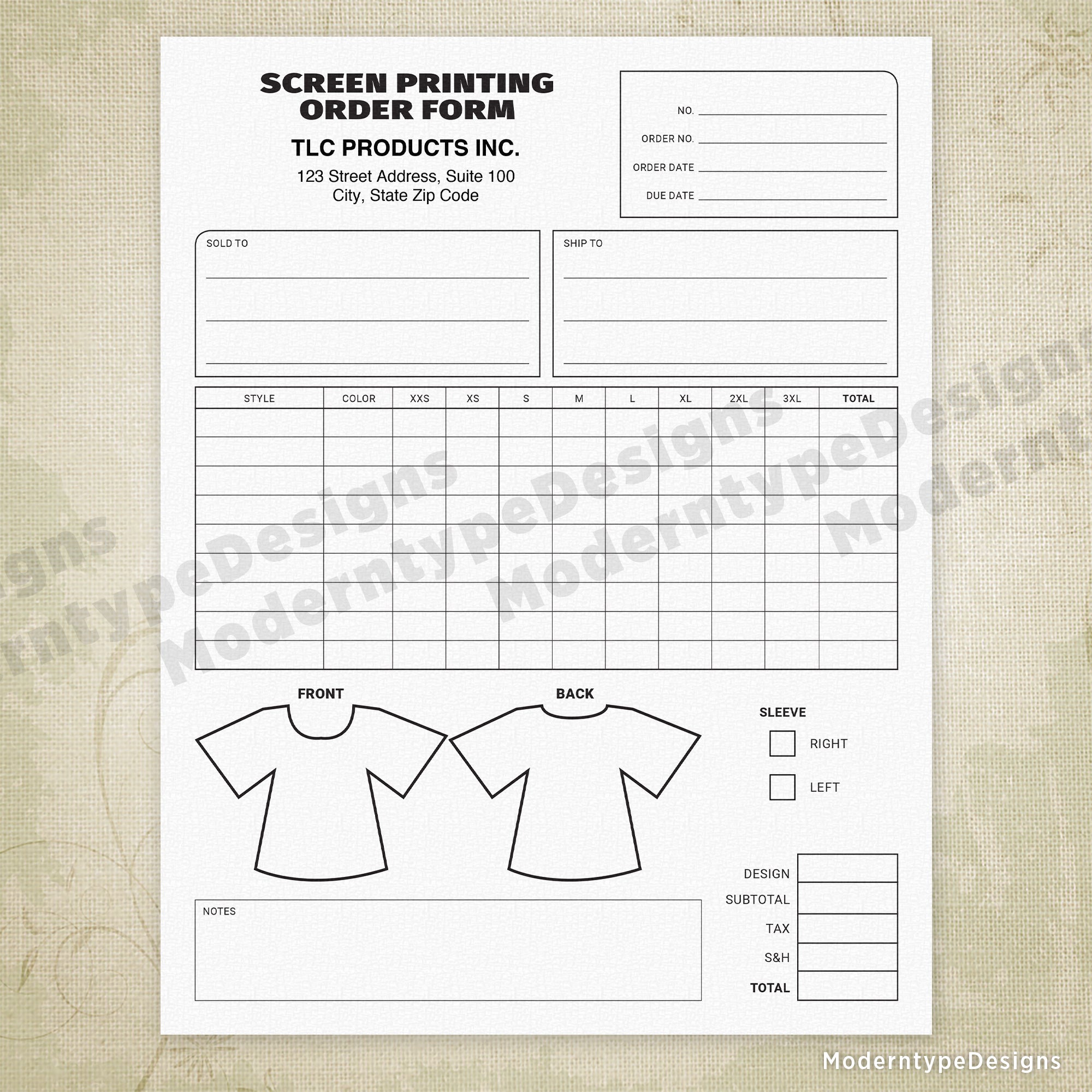 Screen Printing Order Form Printable, Editable, #2