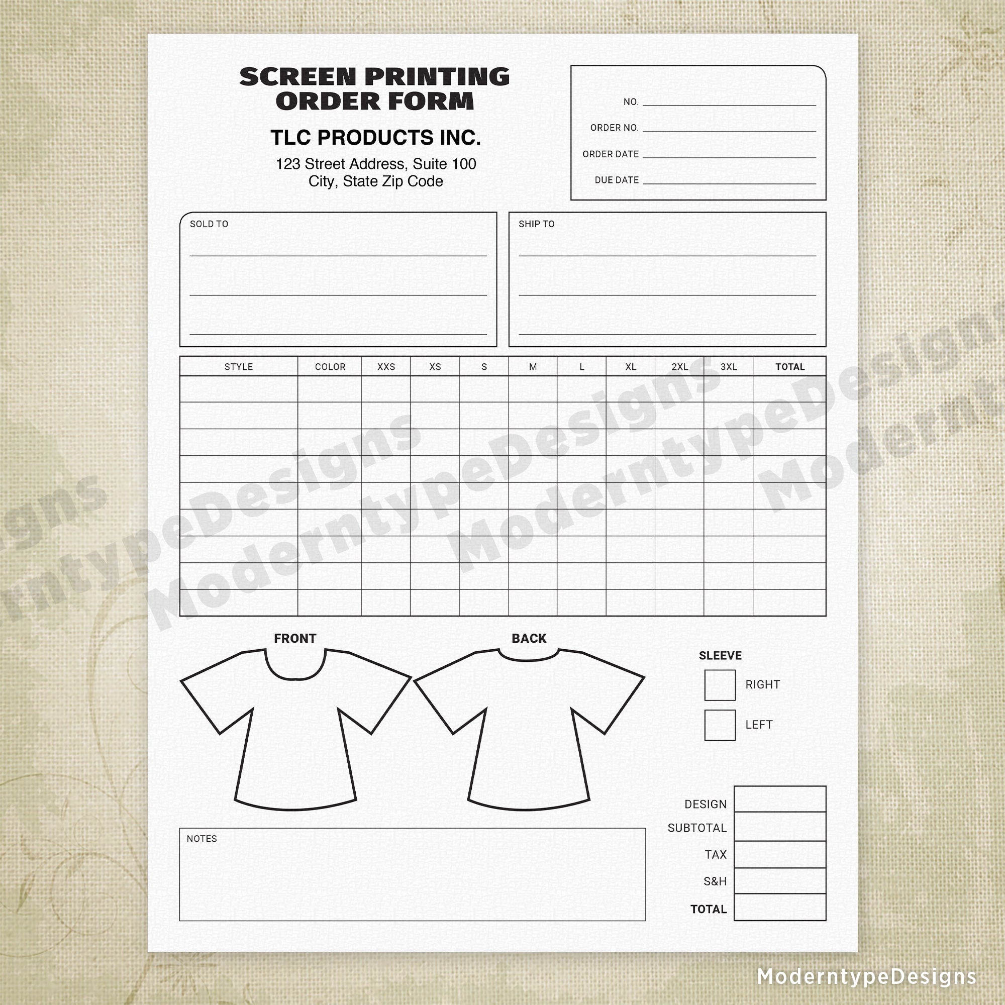 Screen Printing Order Form Printable, Personalized