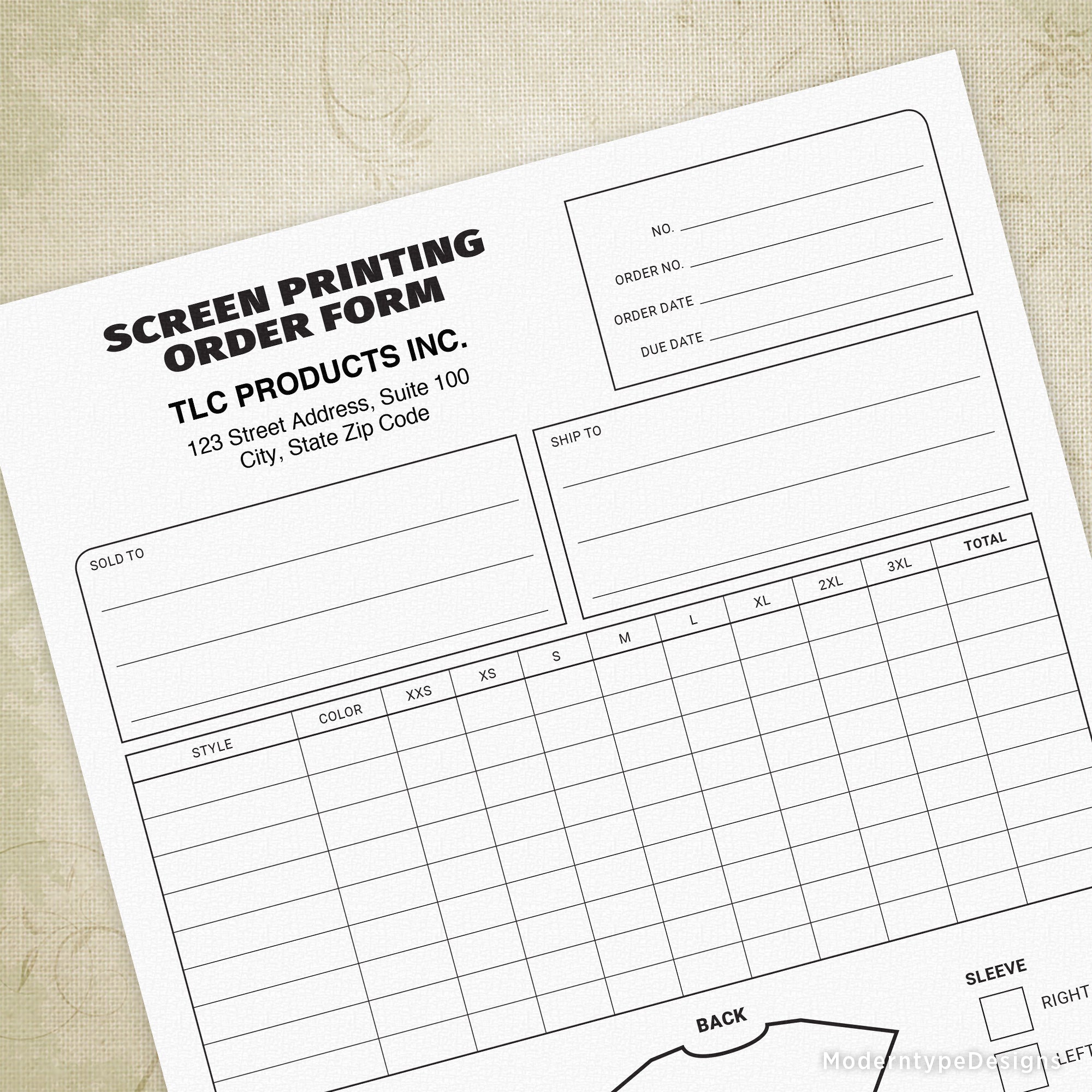 Screen Printing Order Form Printable, Personalized