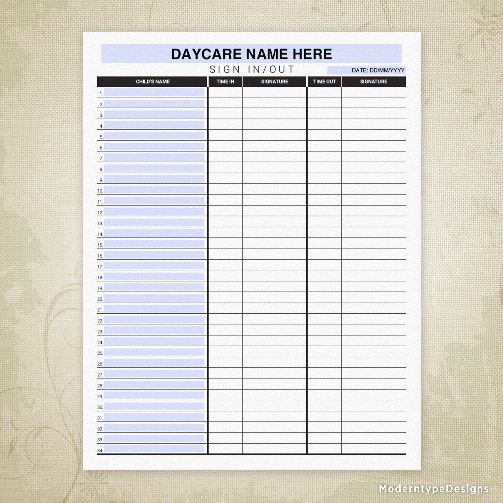 Daycare Sign In and Out Printable Form, Editable