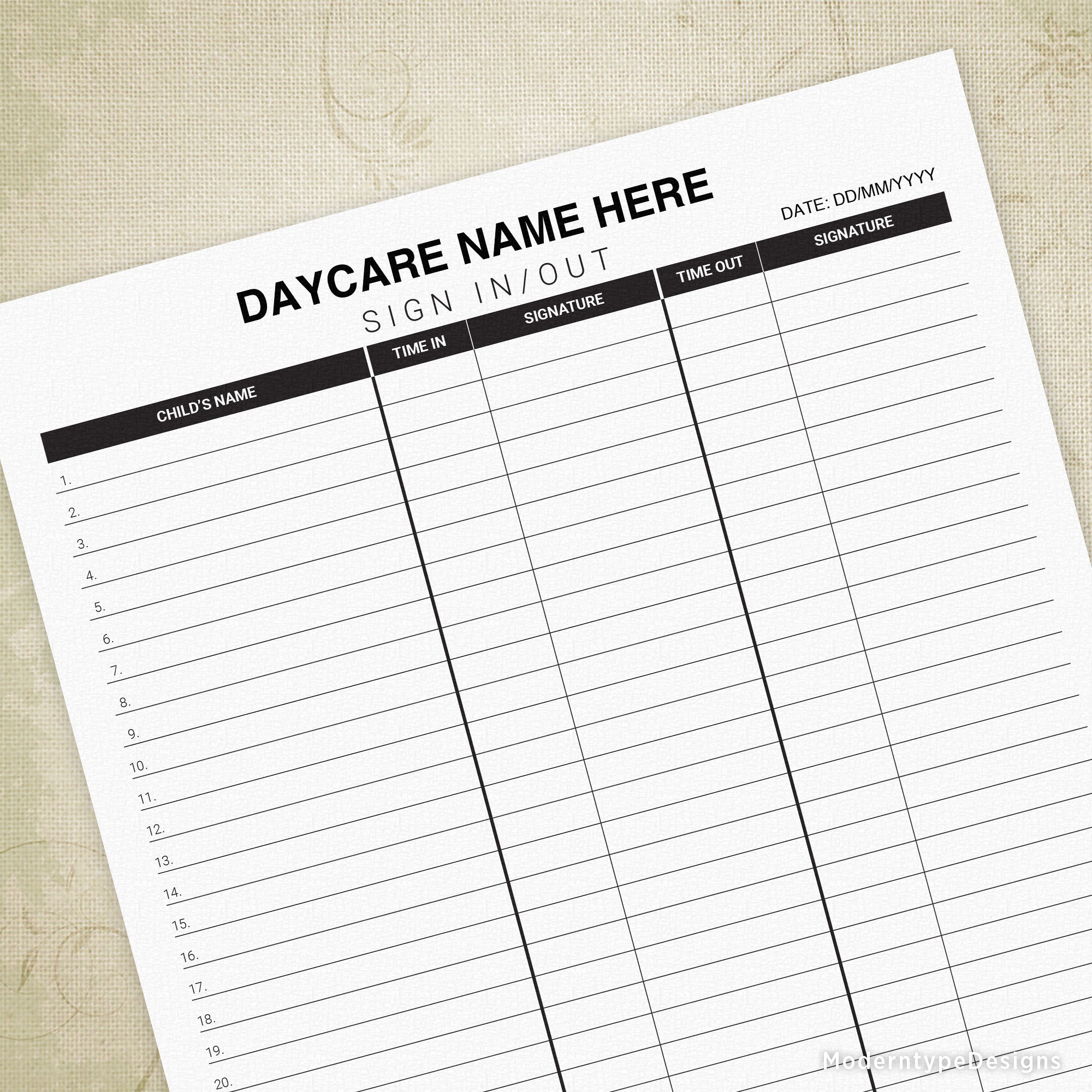 Daycare Sign In and Out Printable Form, Editable