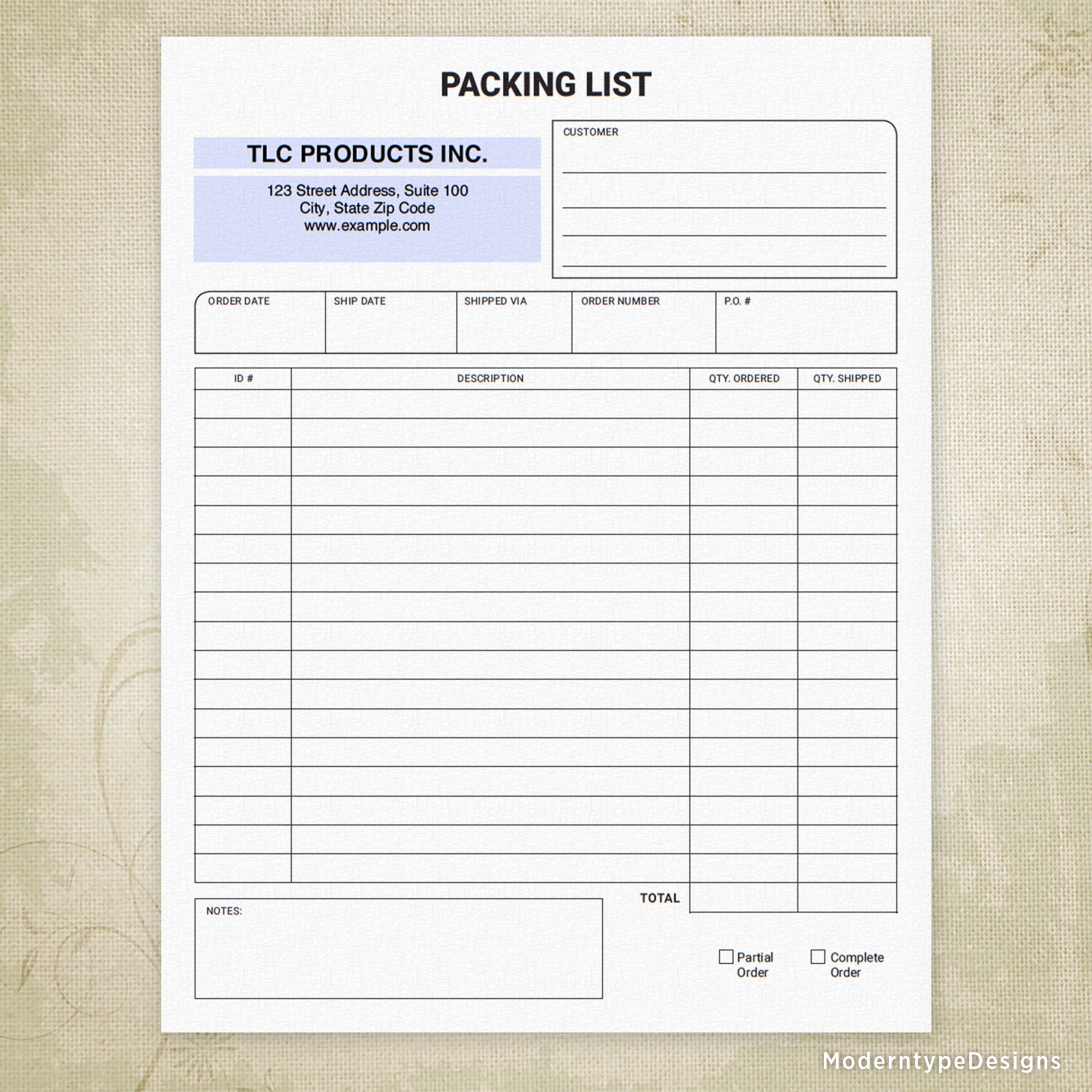 Packing List Printable Form, Personalized