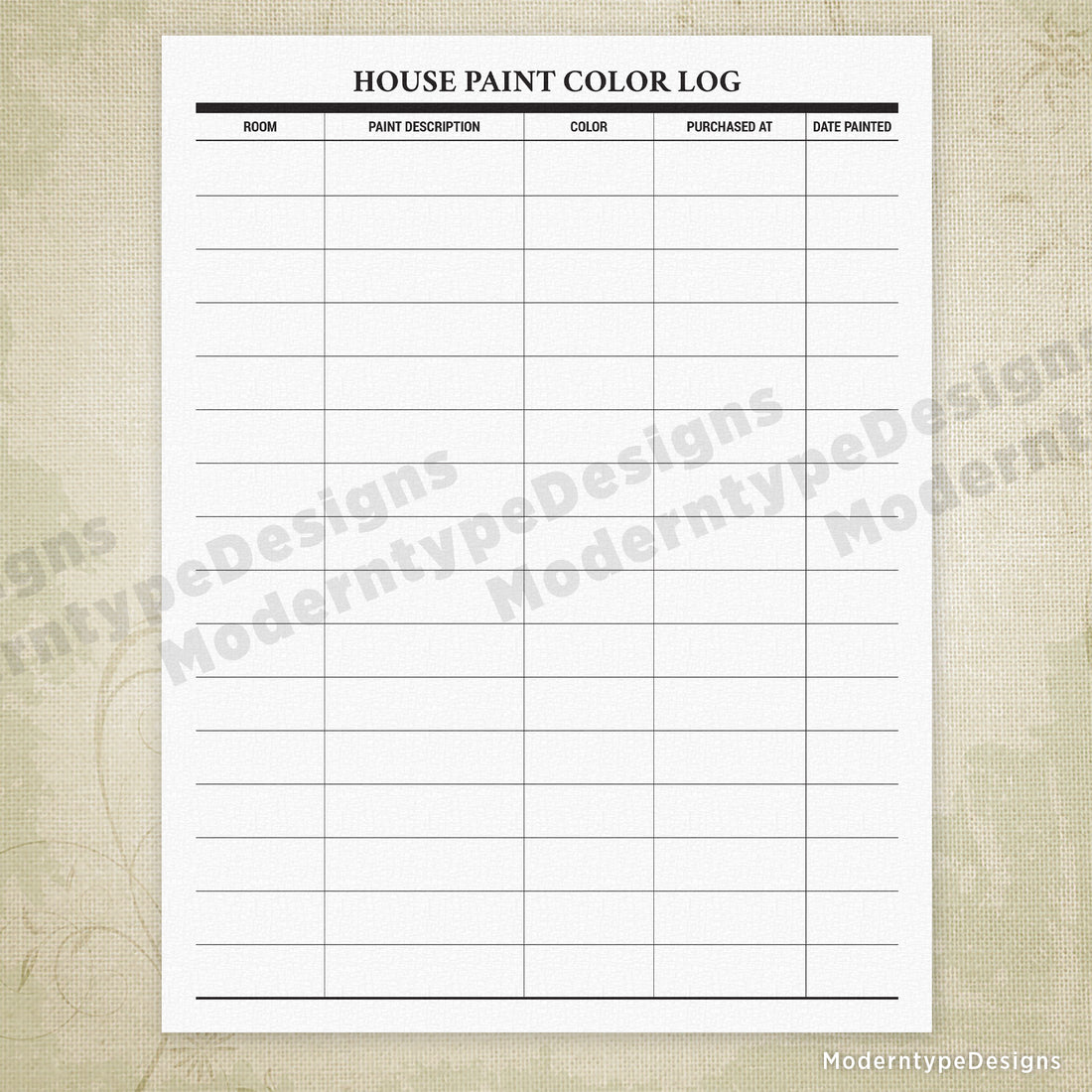 House Paint Color Log Printable