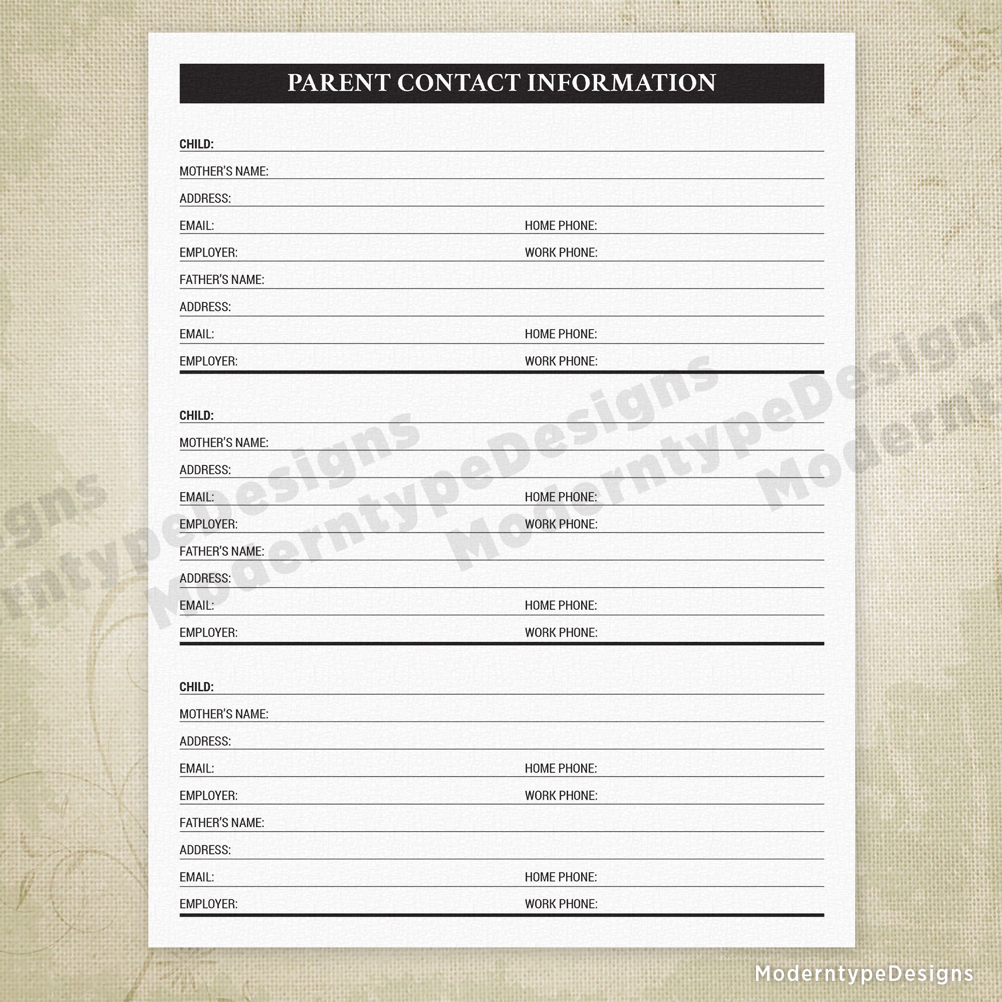 Parent Contact Information Printable