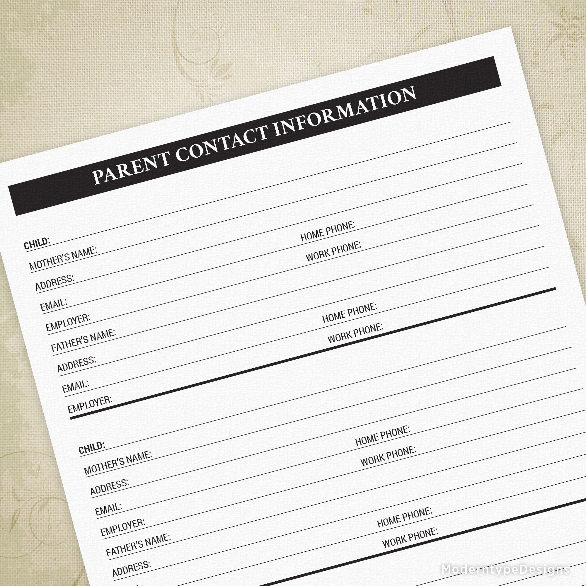 Parent Contact Information Printable