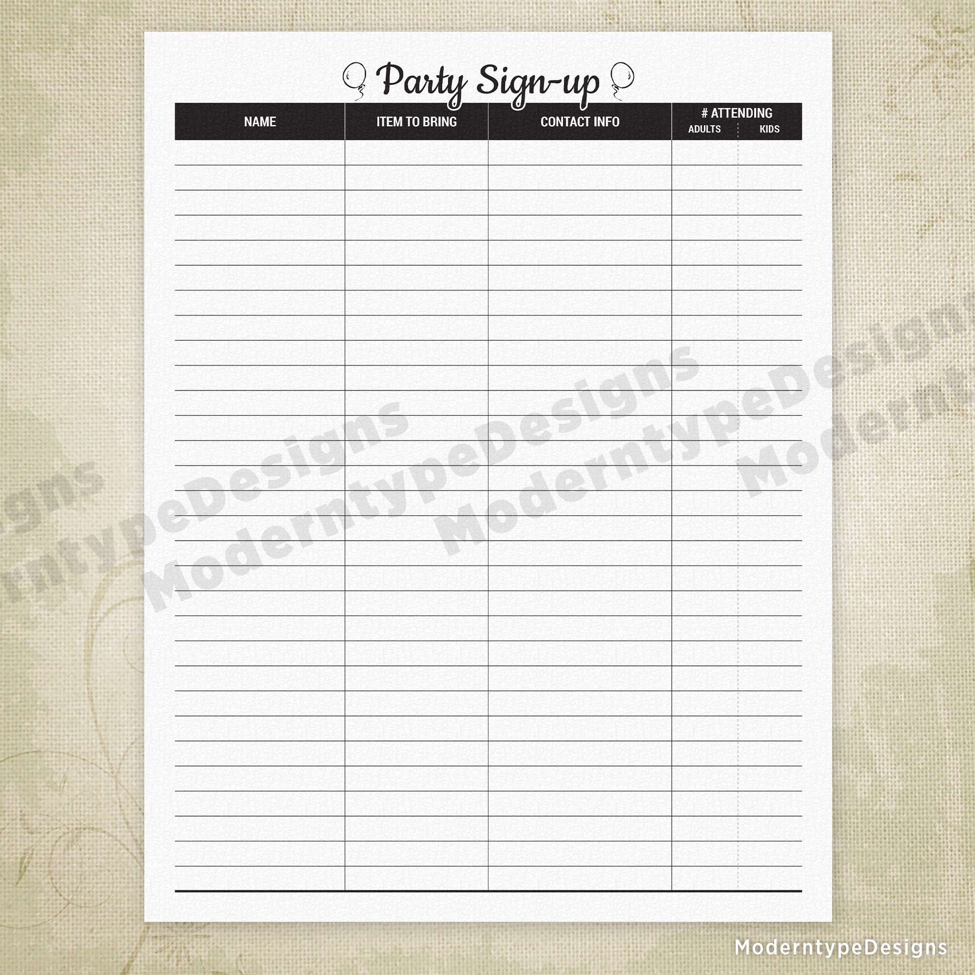 Party Sign-up Printable Form