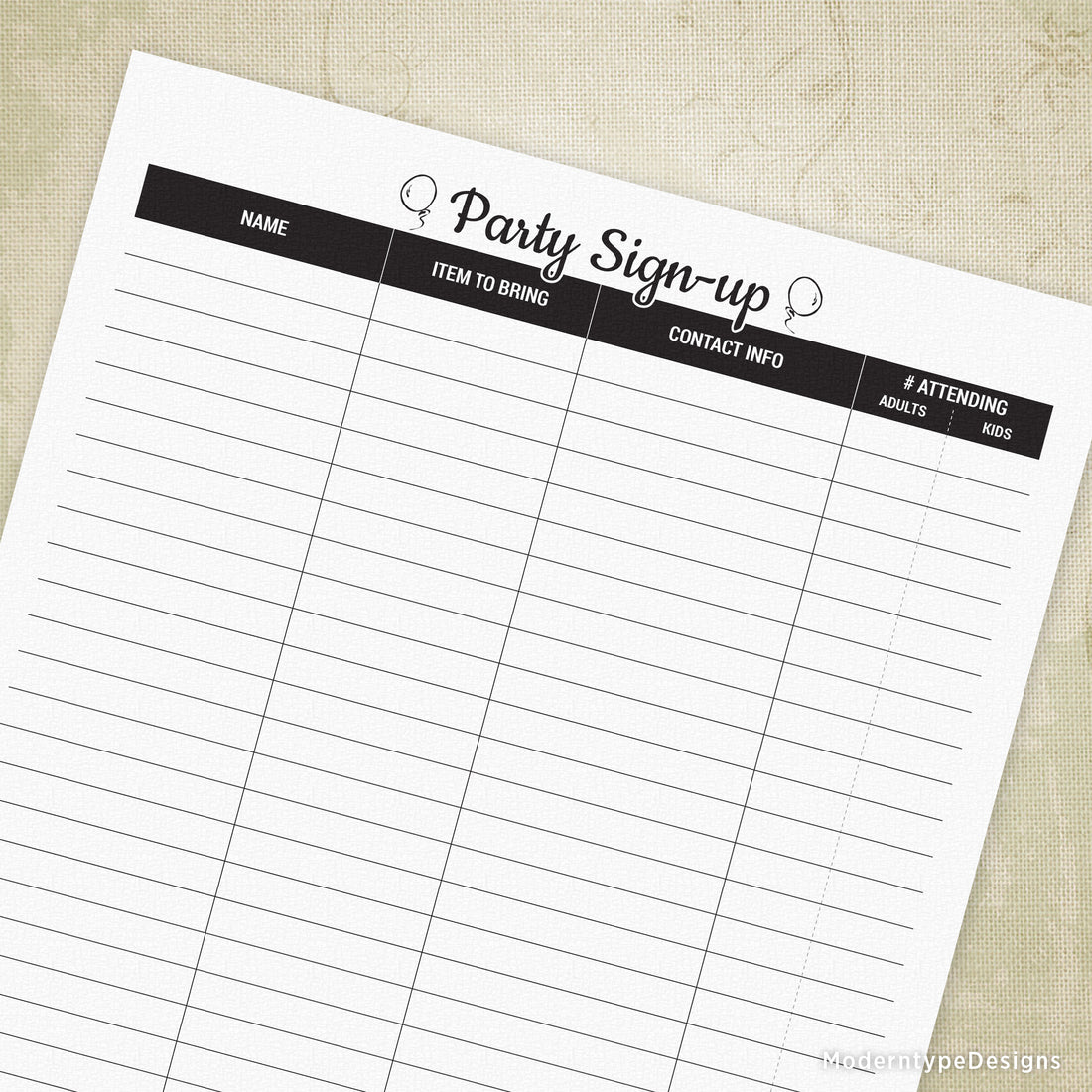 Party Sign-up Printable Form