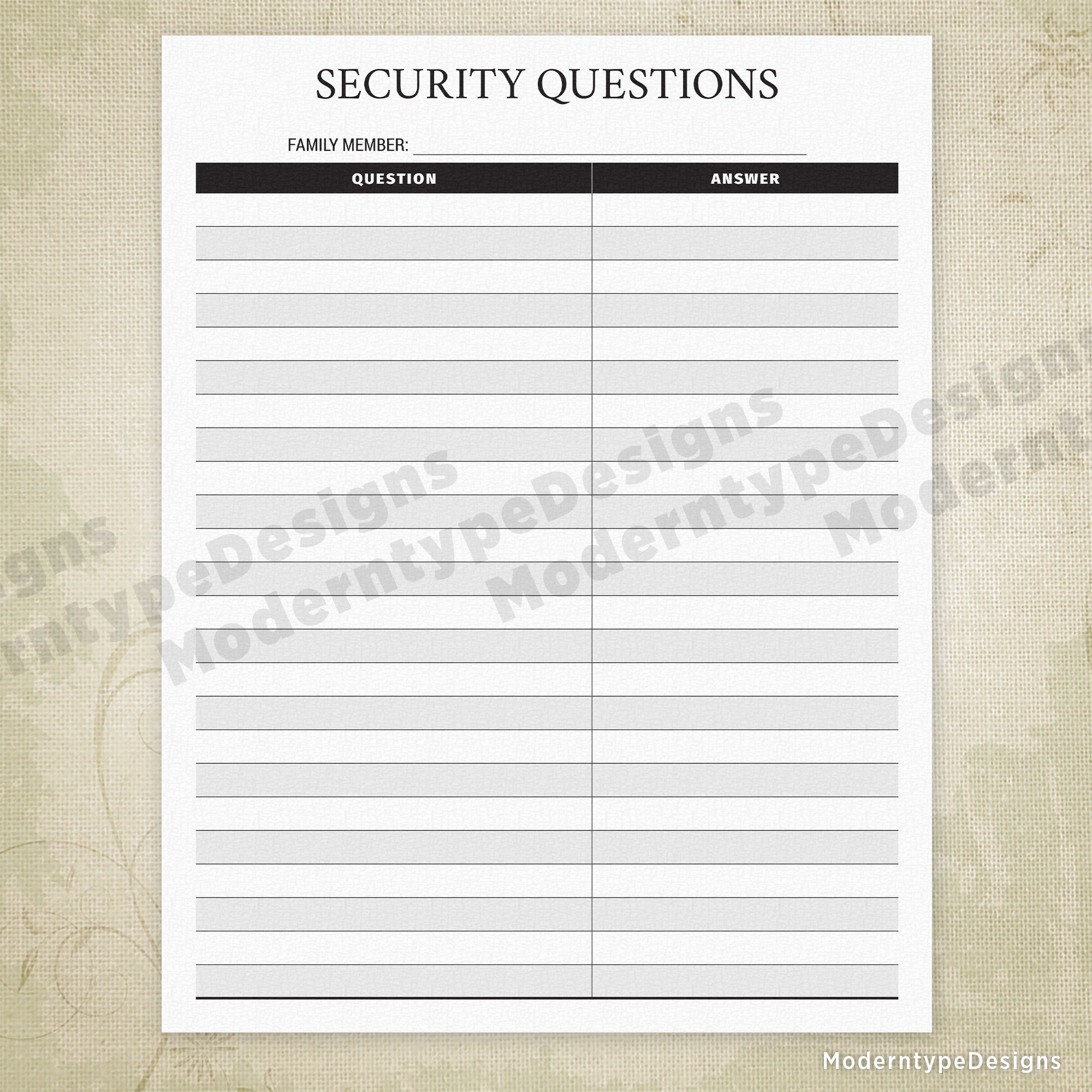 Internet Passwords & Security Questions Printable - End of Life