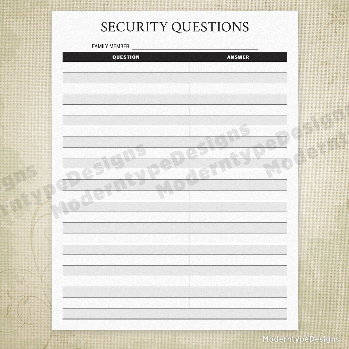 Internet Passwords & Security Questions Printable - End of Life
