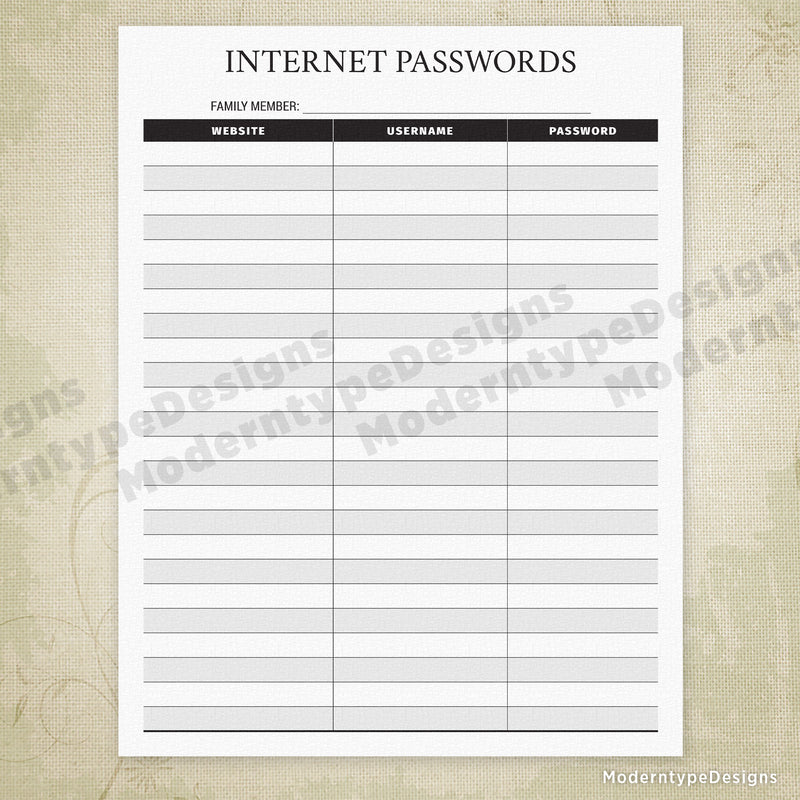 Internet Passwords & Security Questions Printable - End of Life