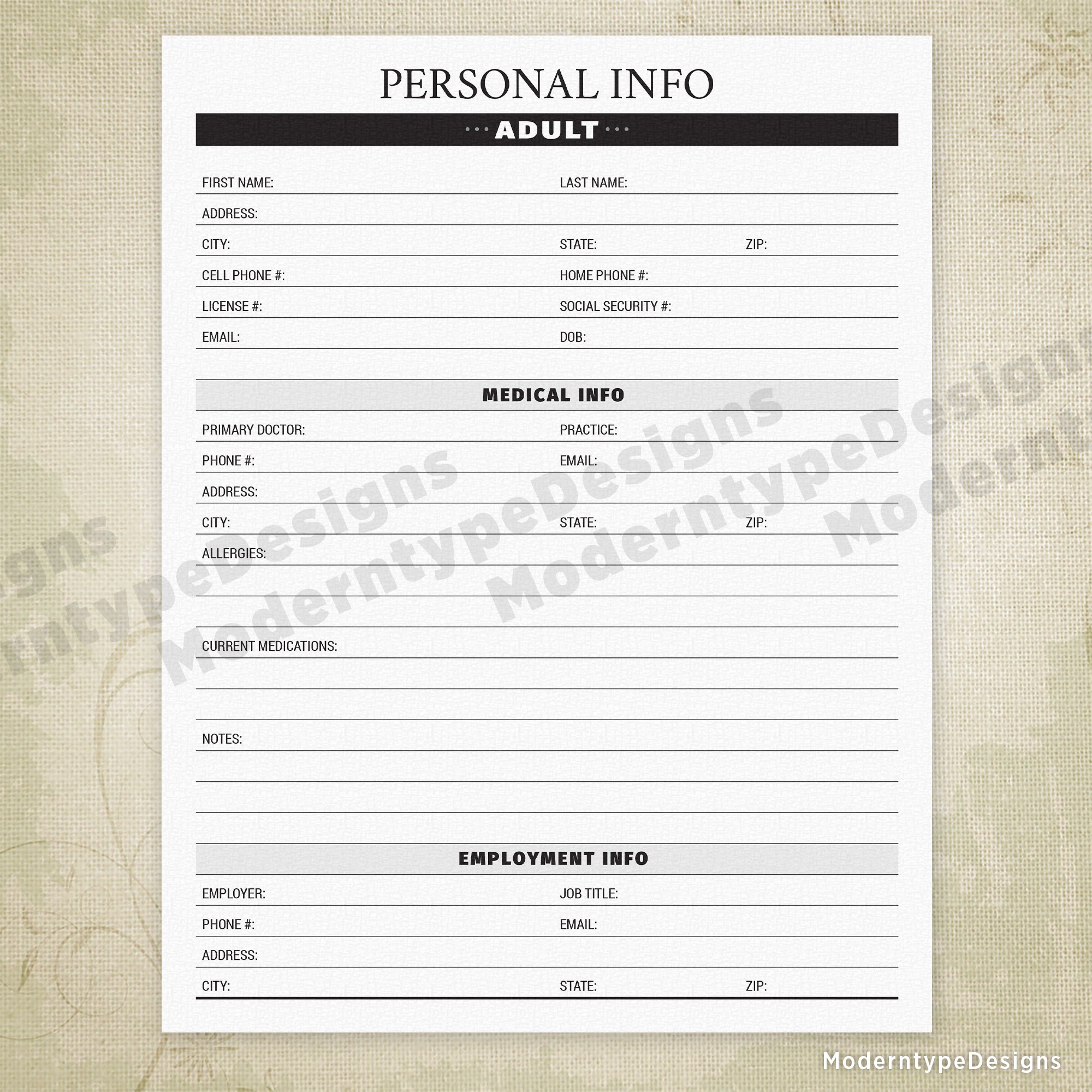 Personal Info Printable - End of Life
