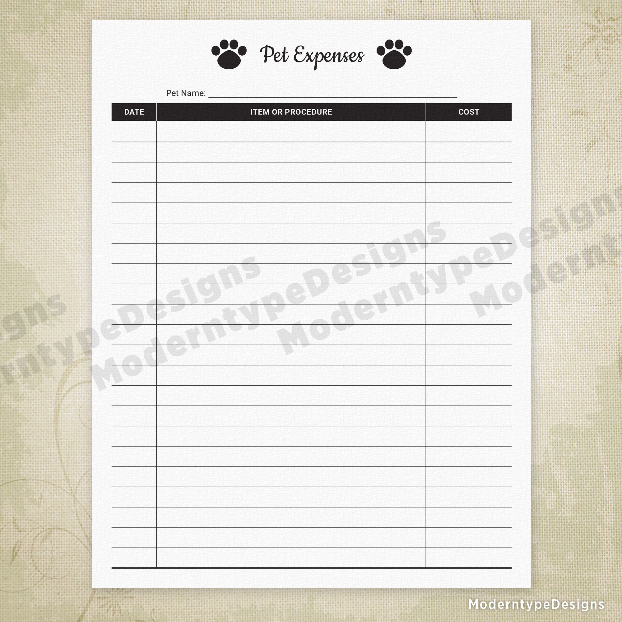Pet Expenses Log Printable for Pet Owners
