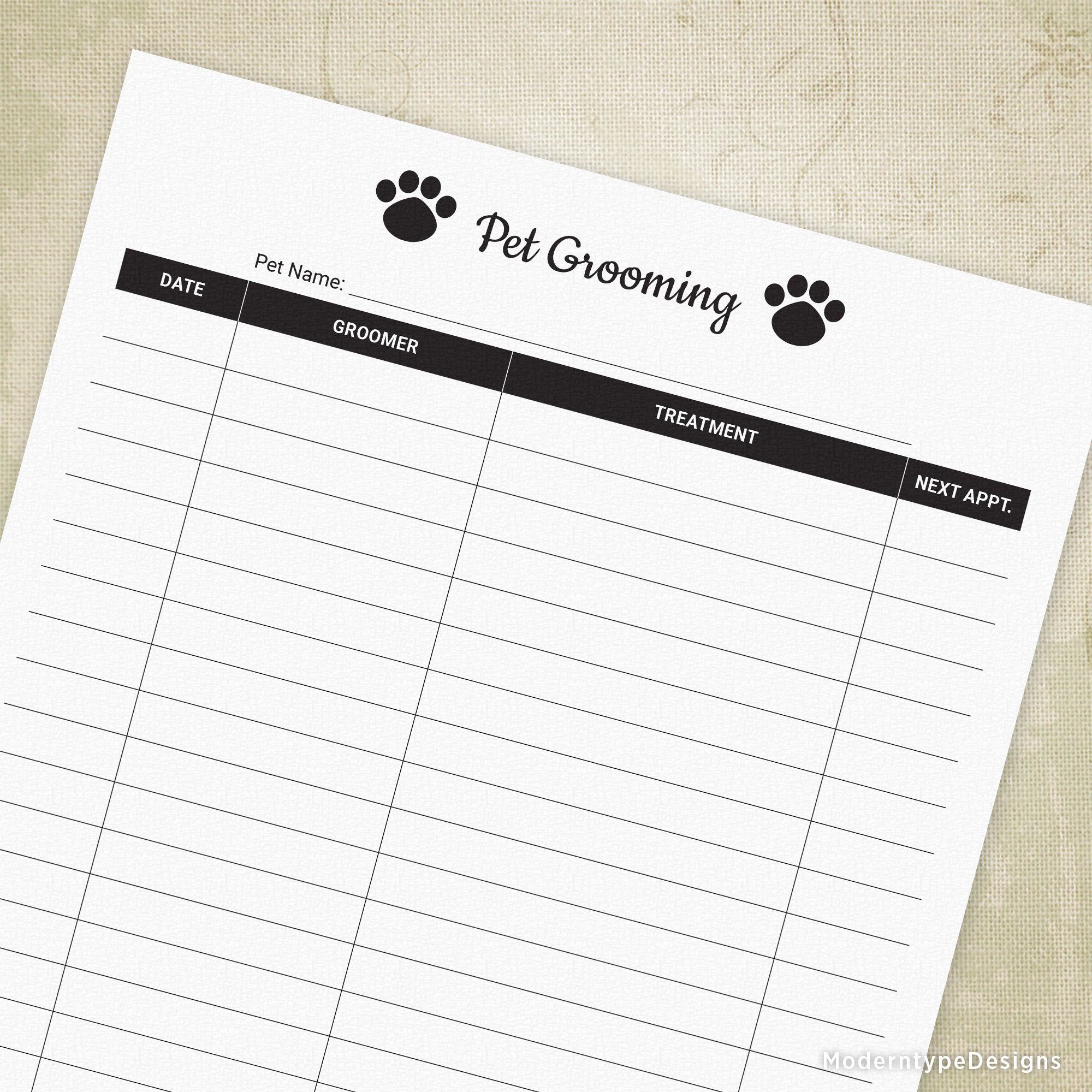 Pet Grooming Log Printable for Pet Owners
