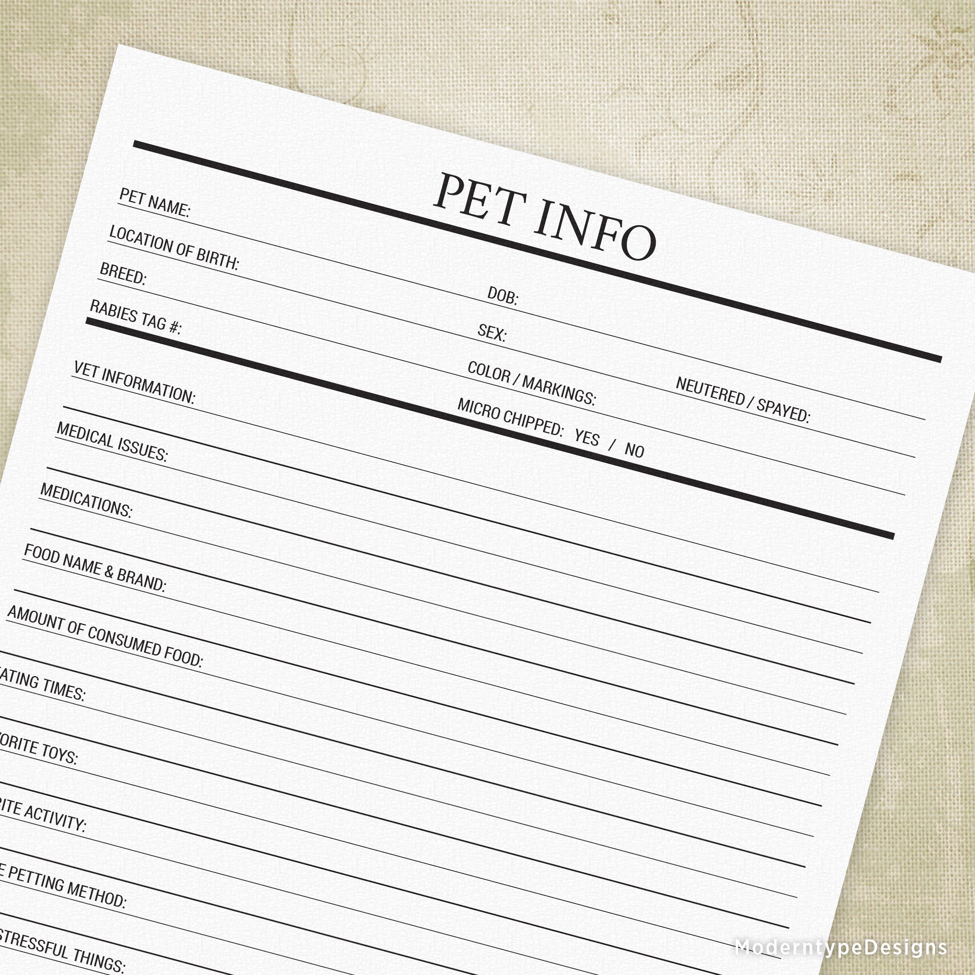 Pet Info Printable - End of Life