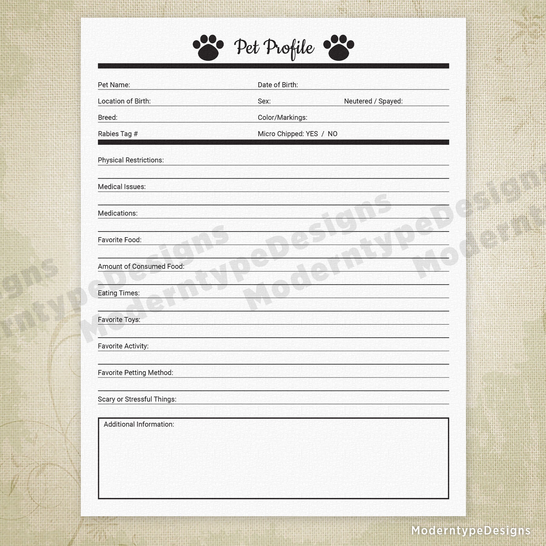 Pet Profile Printable for Pet Owners Businesses
