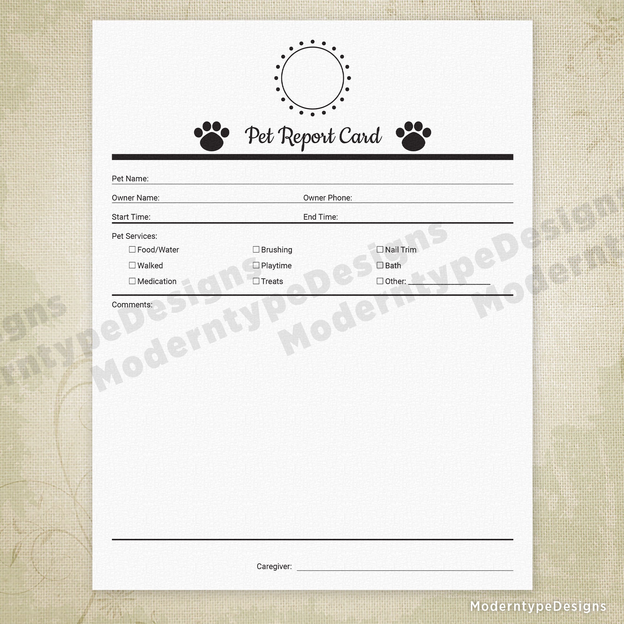 Pet Report Card Printable Form for Pet Businesses