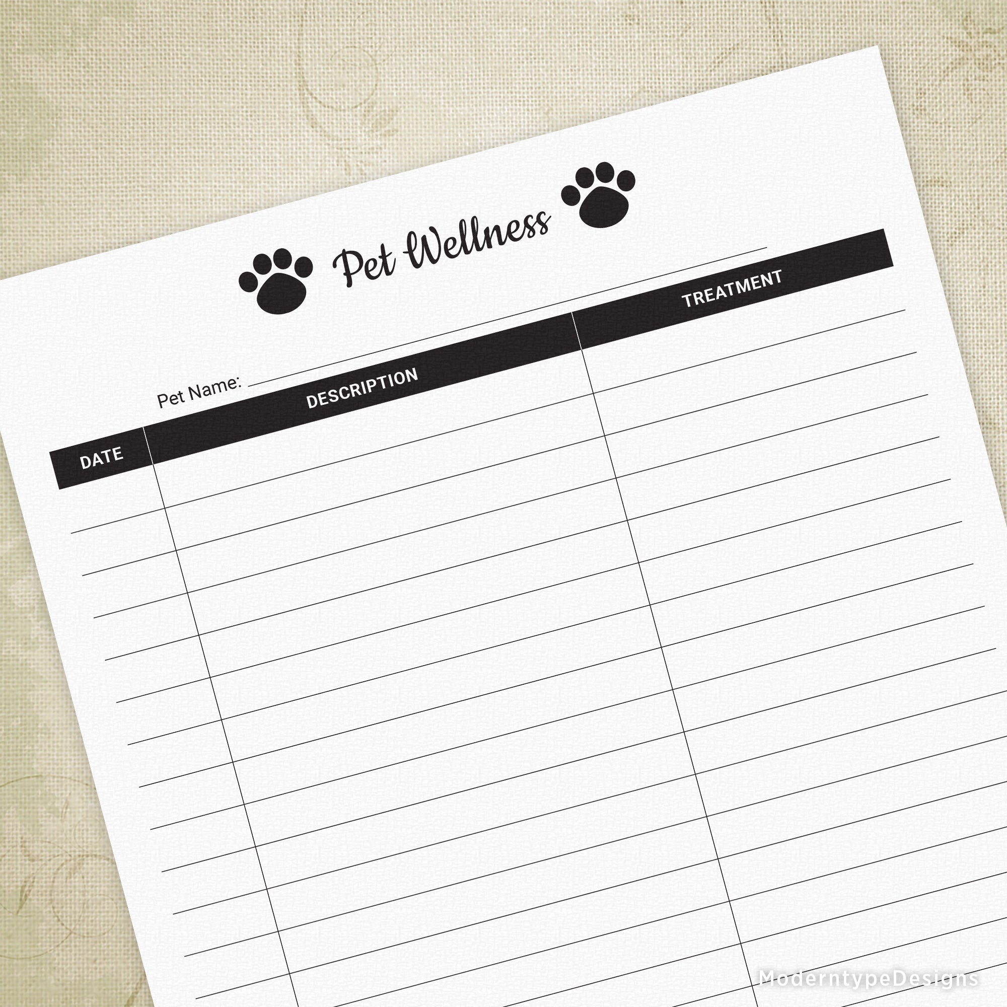 Pet Wellness Log Printable for Pet Owners