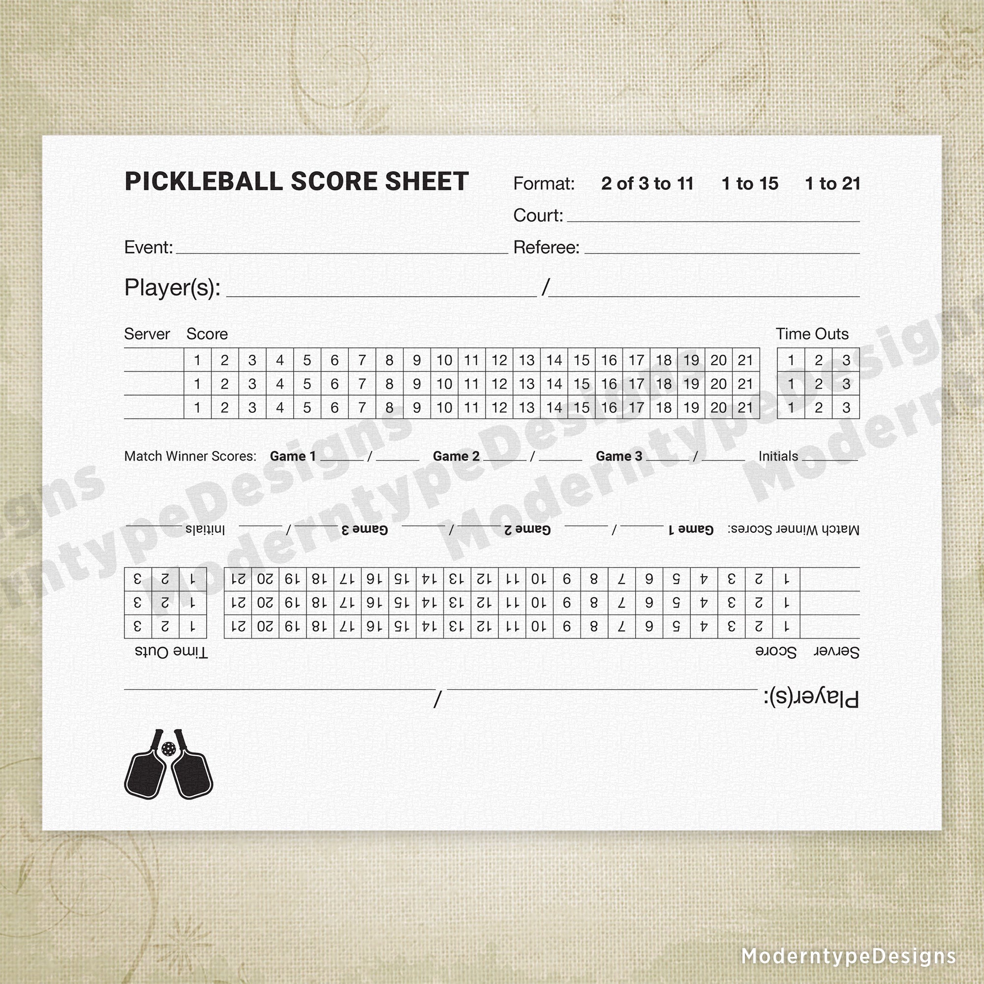Pickleball Scoring Sheet Printable