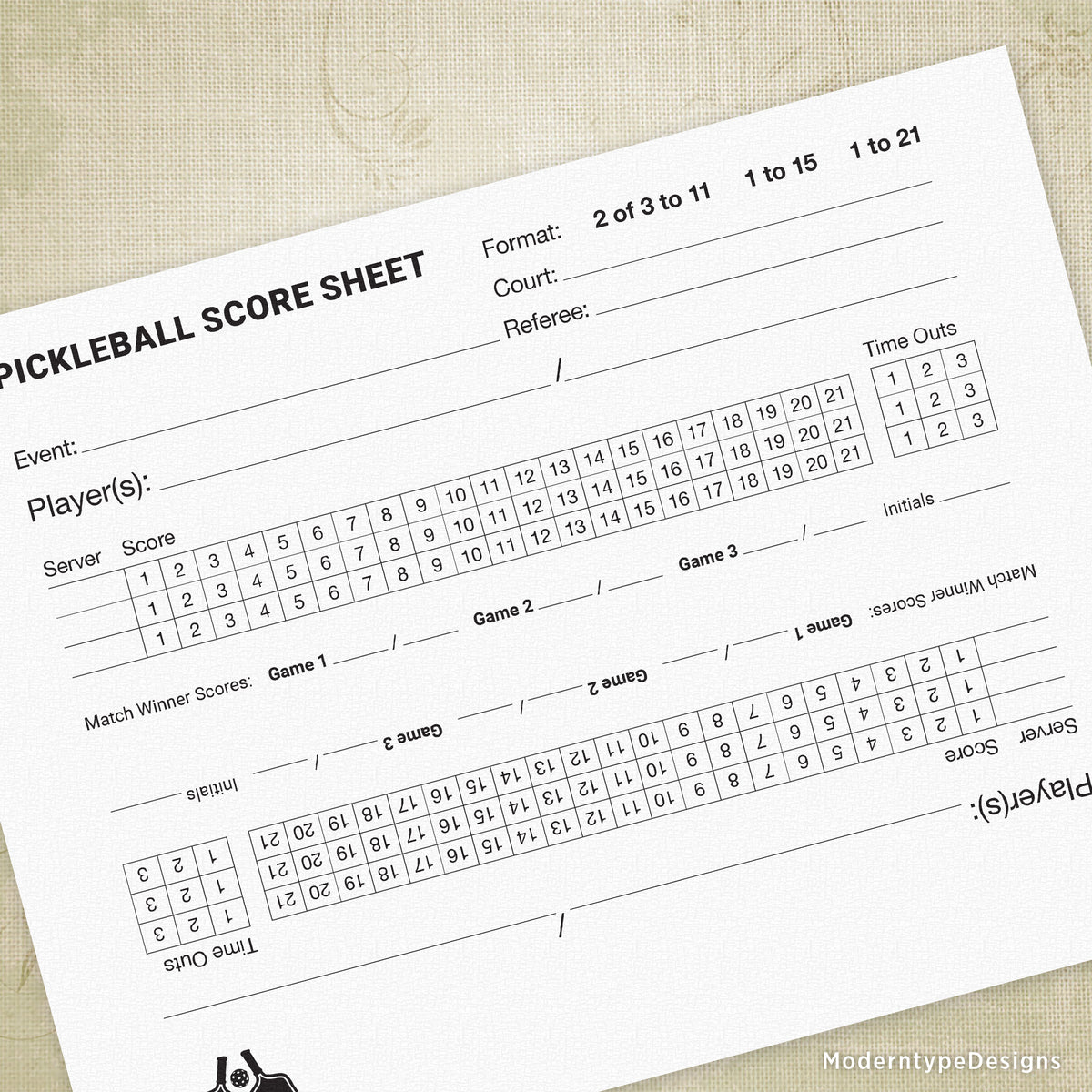 Pickleball Scoring Sheet Printable