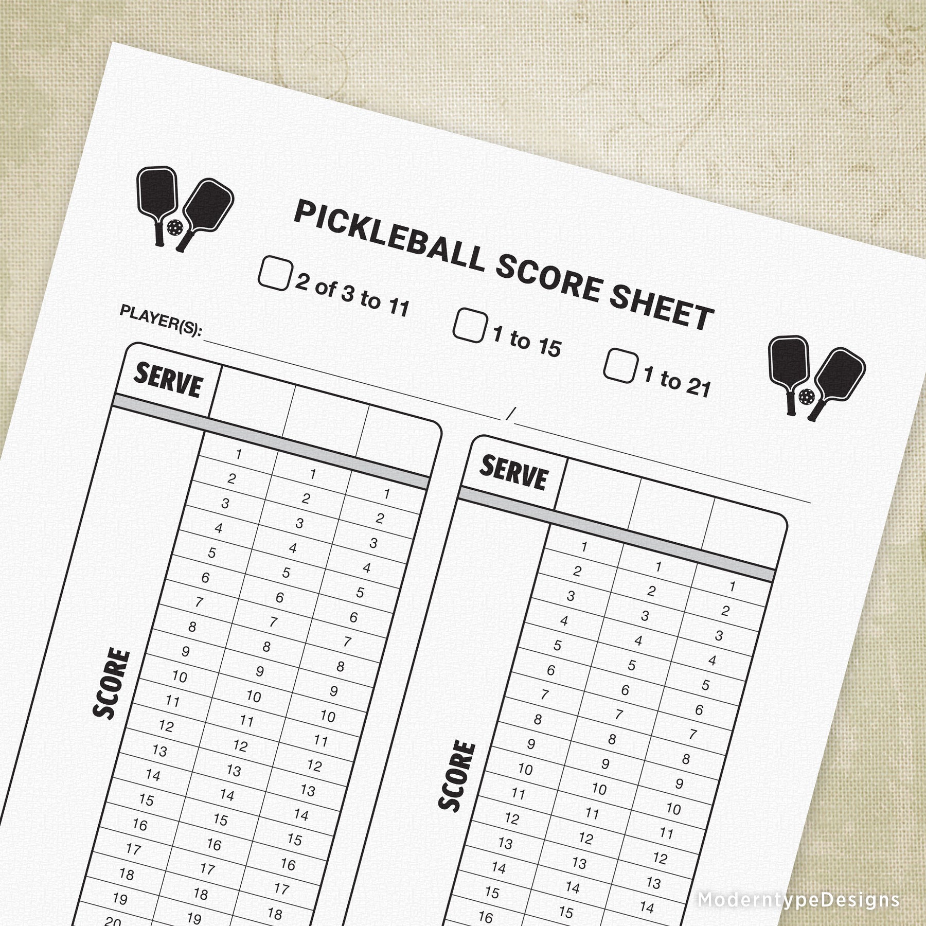 Pickleball Scoring Sheet Printable, 2