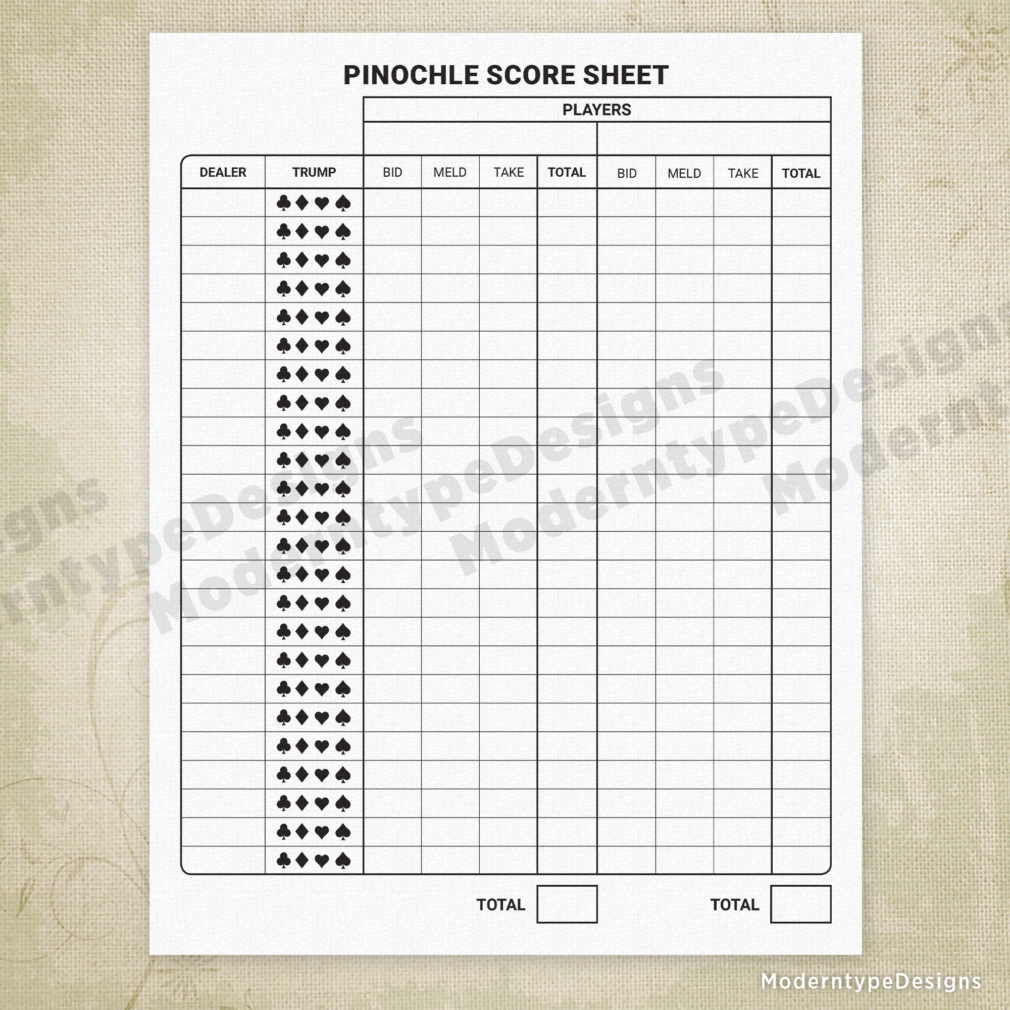 Pinochle Score Sheet Printable