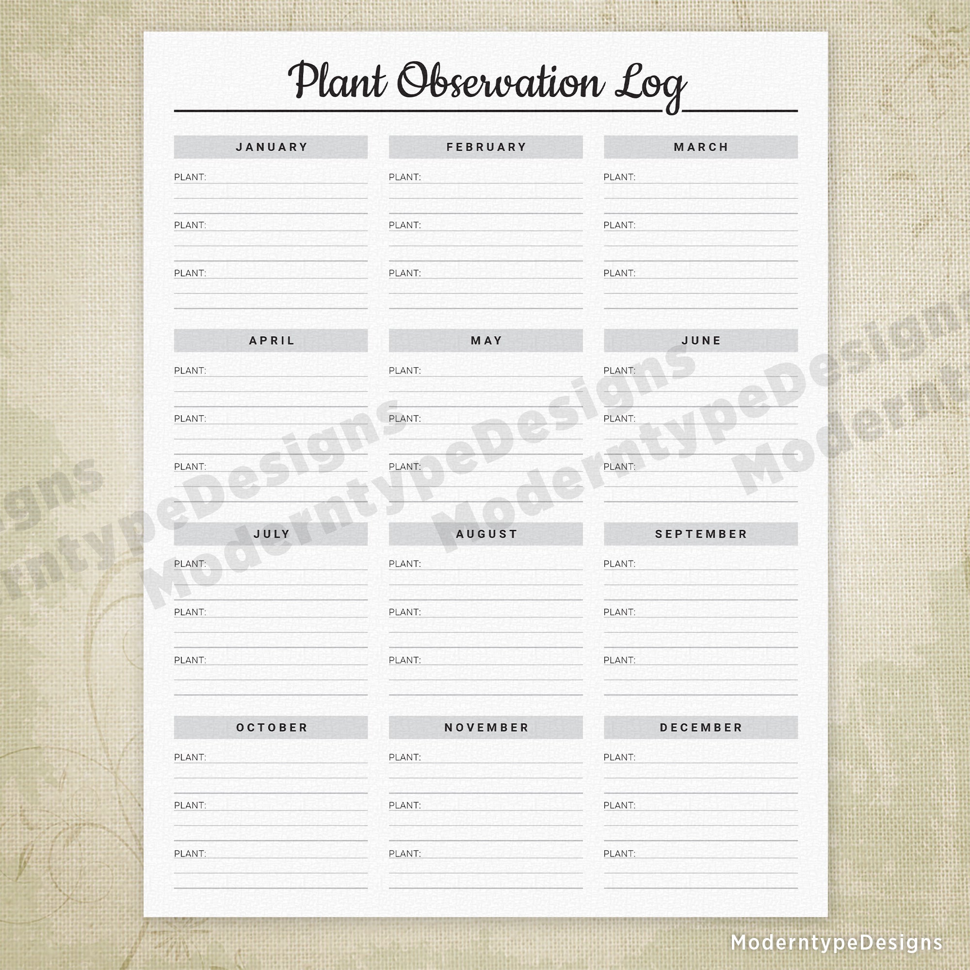 Monthly Plant Observation Log Printable