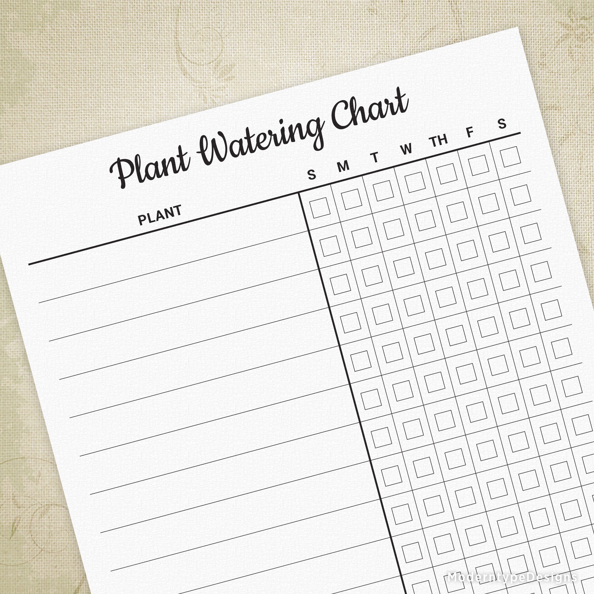 Plant Watering Chart Printable