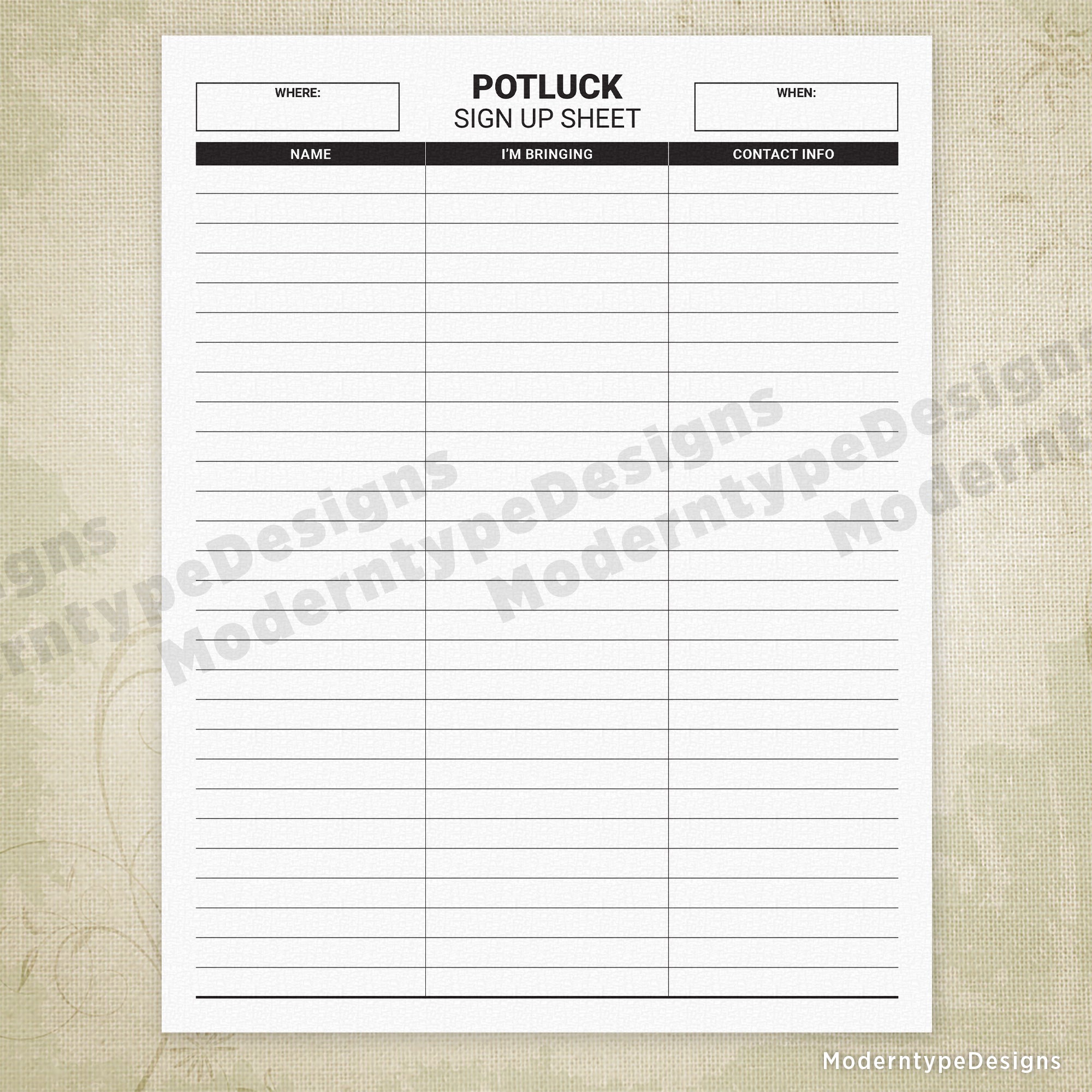 Potluck Sign Up Sheet Printable