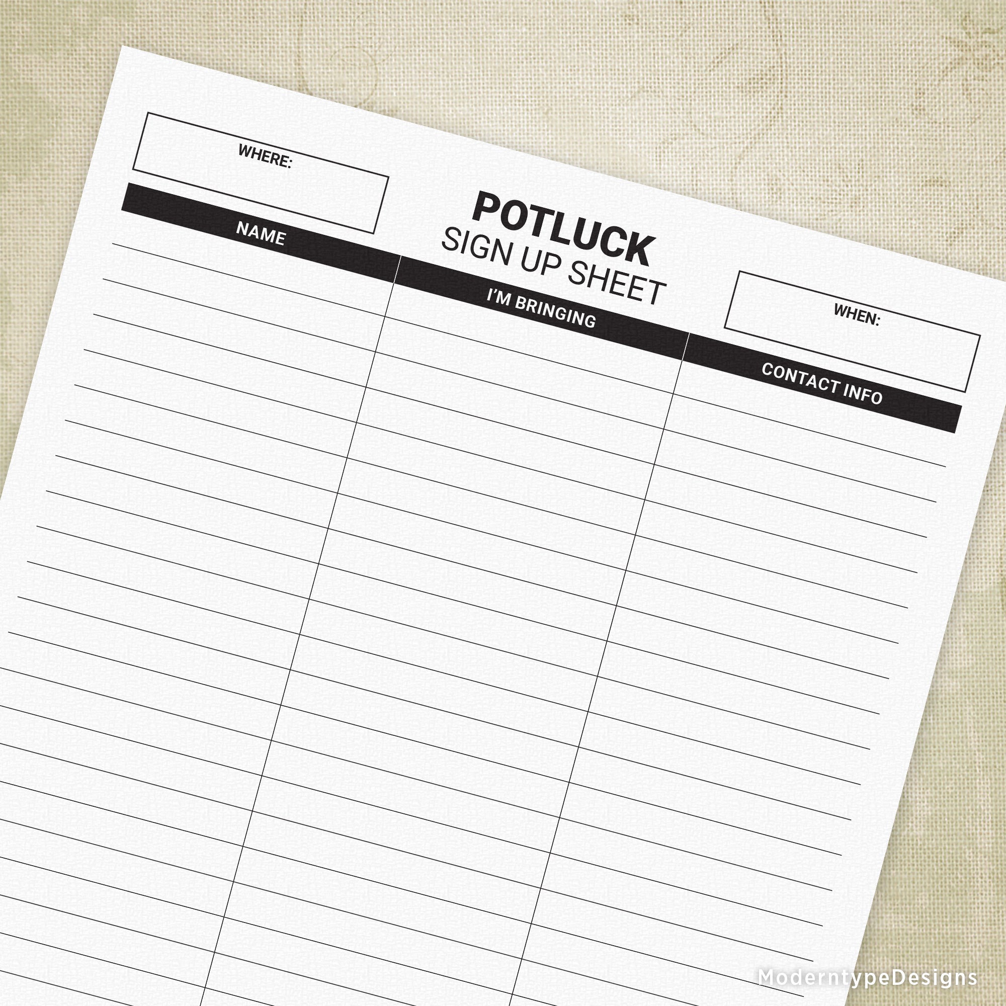 Potluck Sign Up Sheet Printable